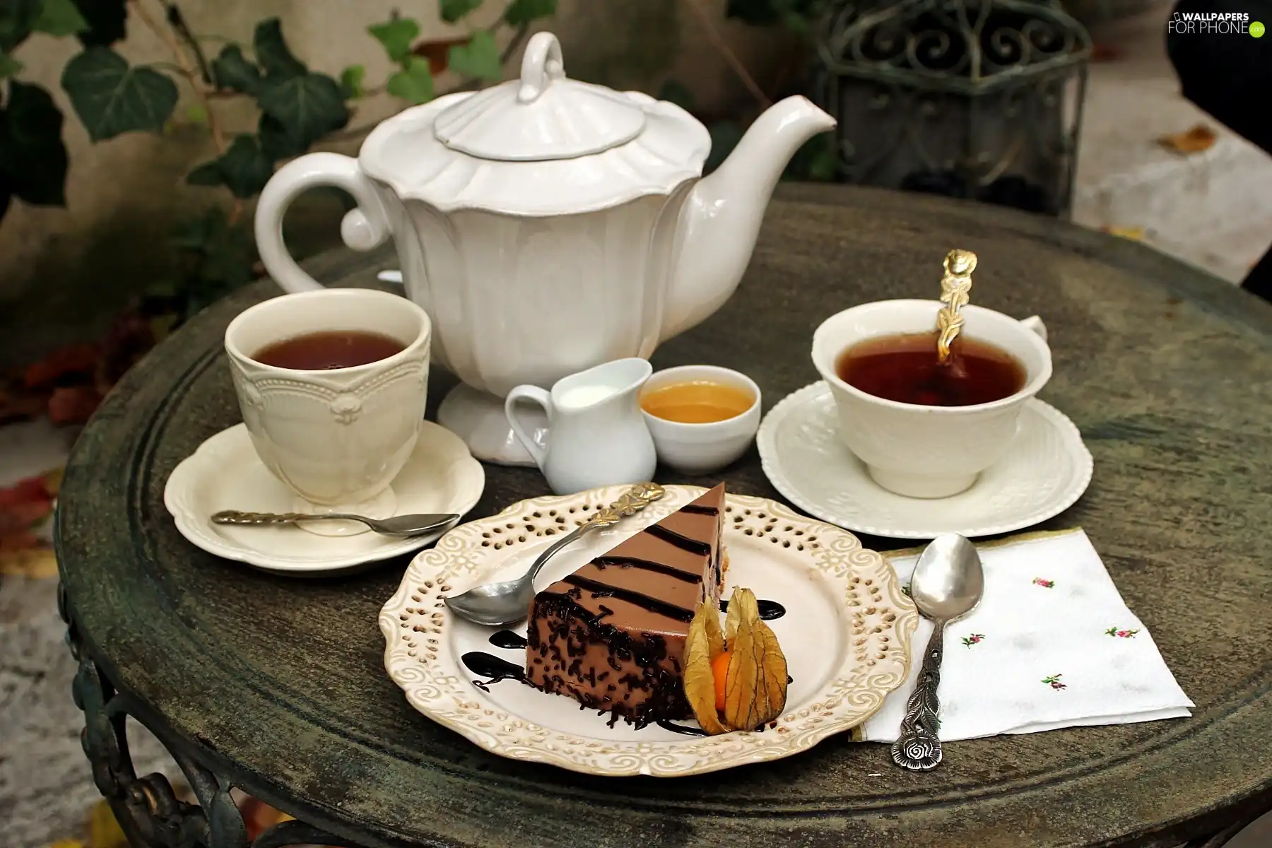 milk, service, piece, tea, porcelain, honey, Cake