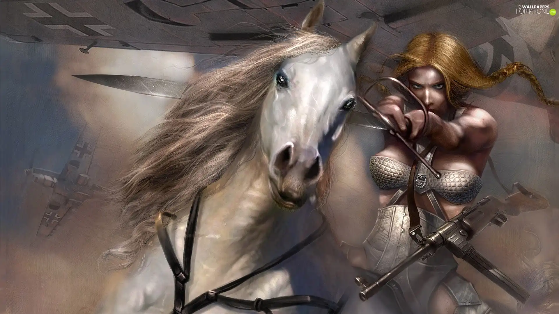 girl, Weapons, Horse, Armor