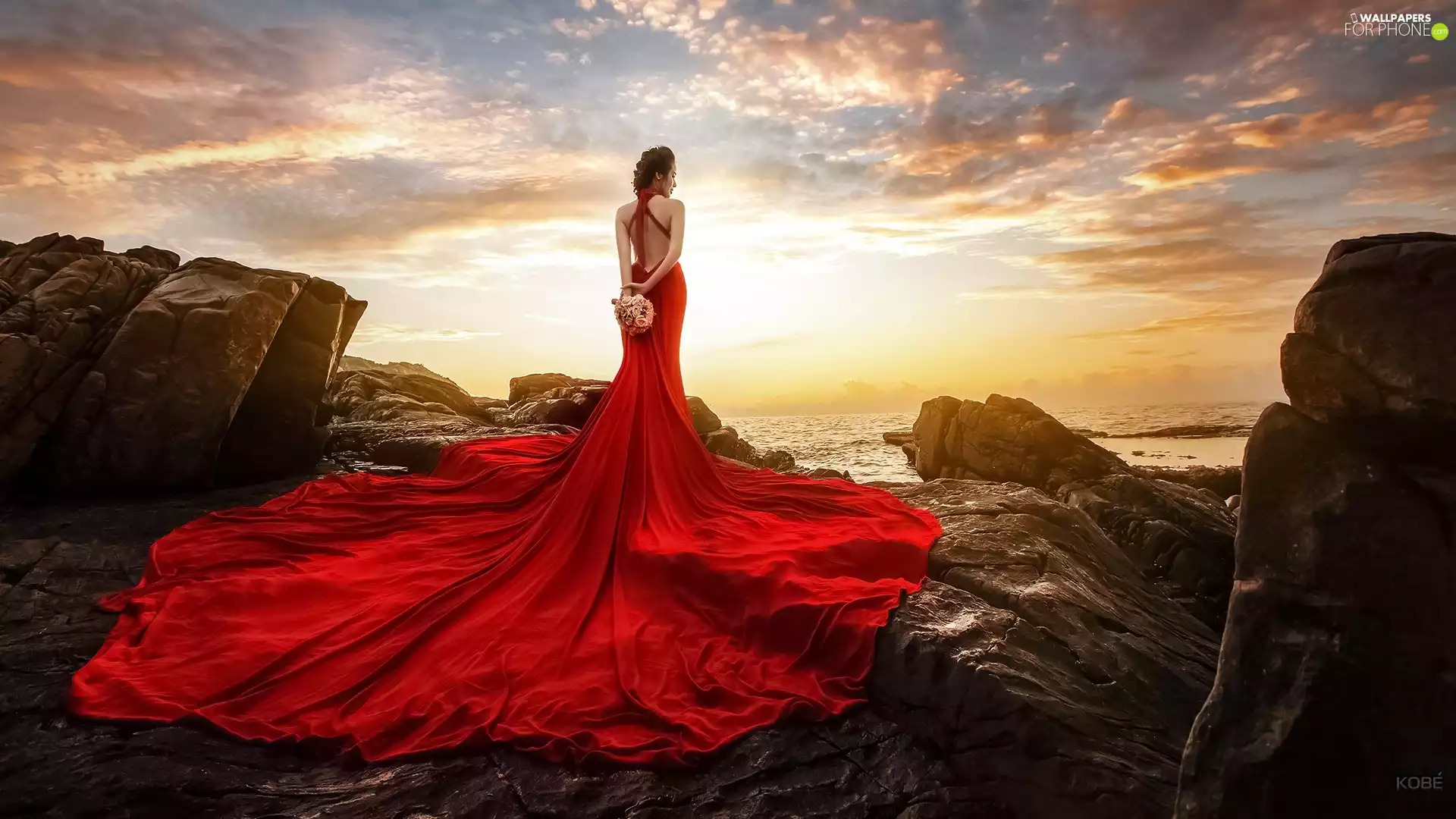dress, Women, rocks, sea, Great Sunsets, red hot