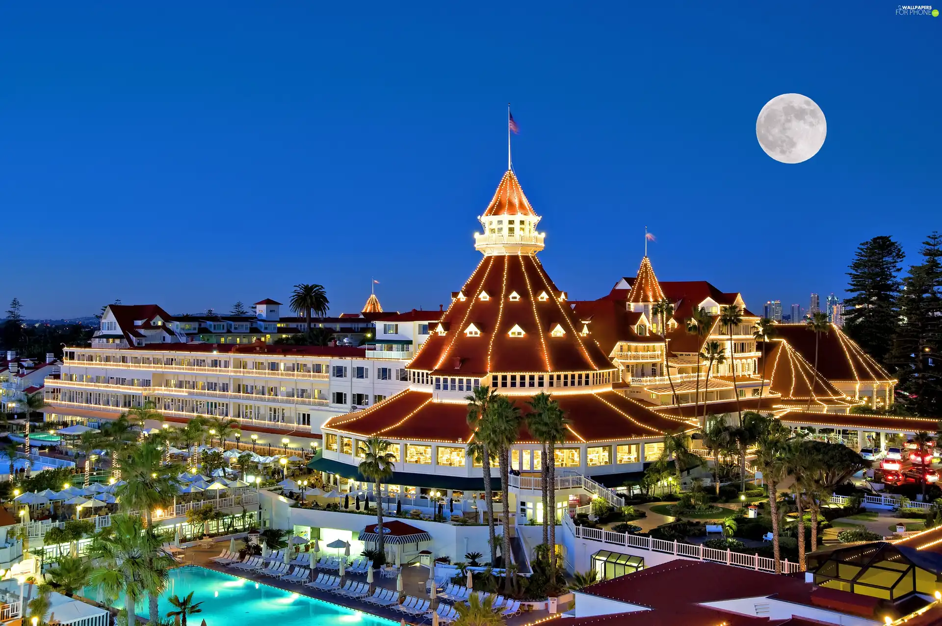 moon, Floodlit, Hotel hall