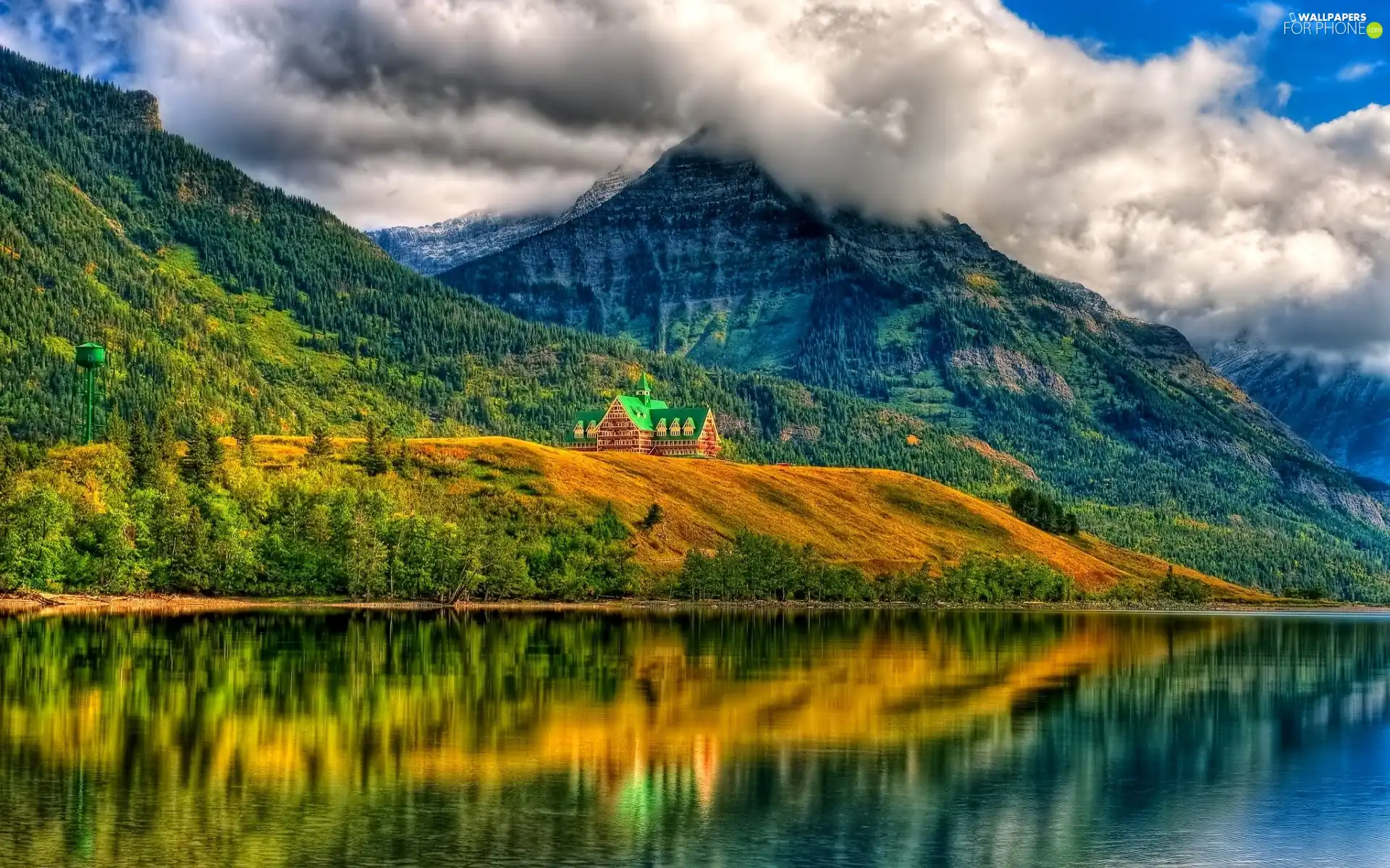 woods, lake, House, autumn, Fog, Mountains