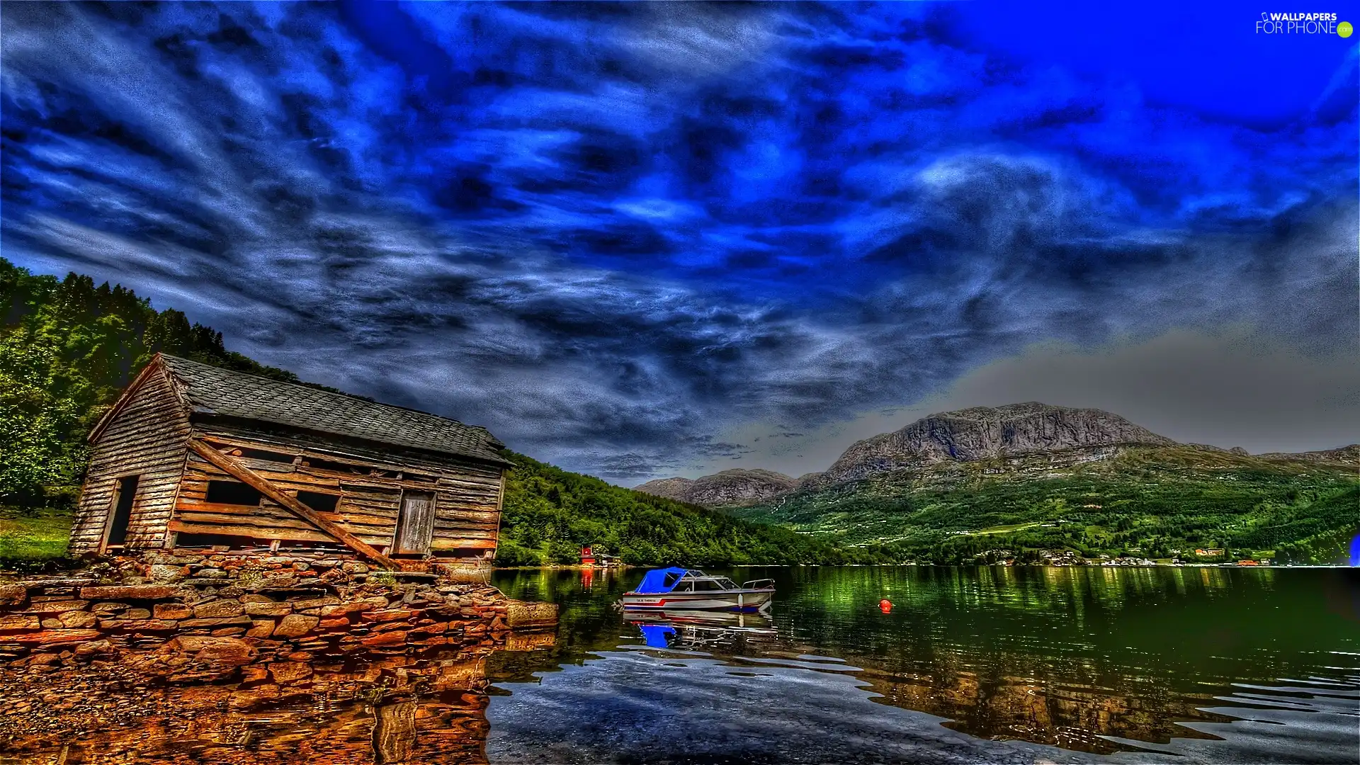 clouds, lake, House, Mountains