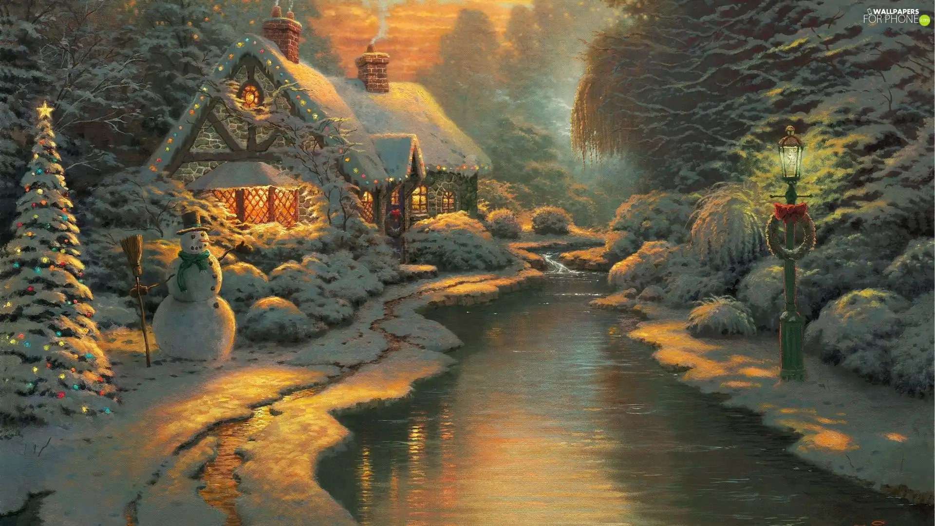 house, Lamps, River, forest, winter