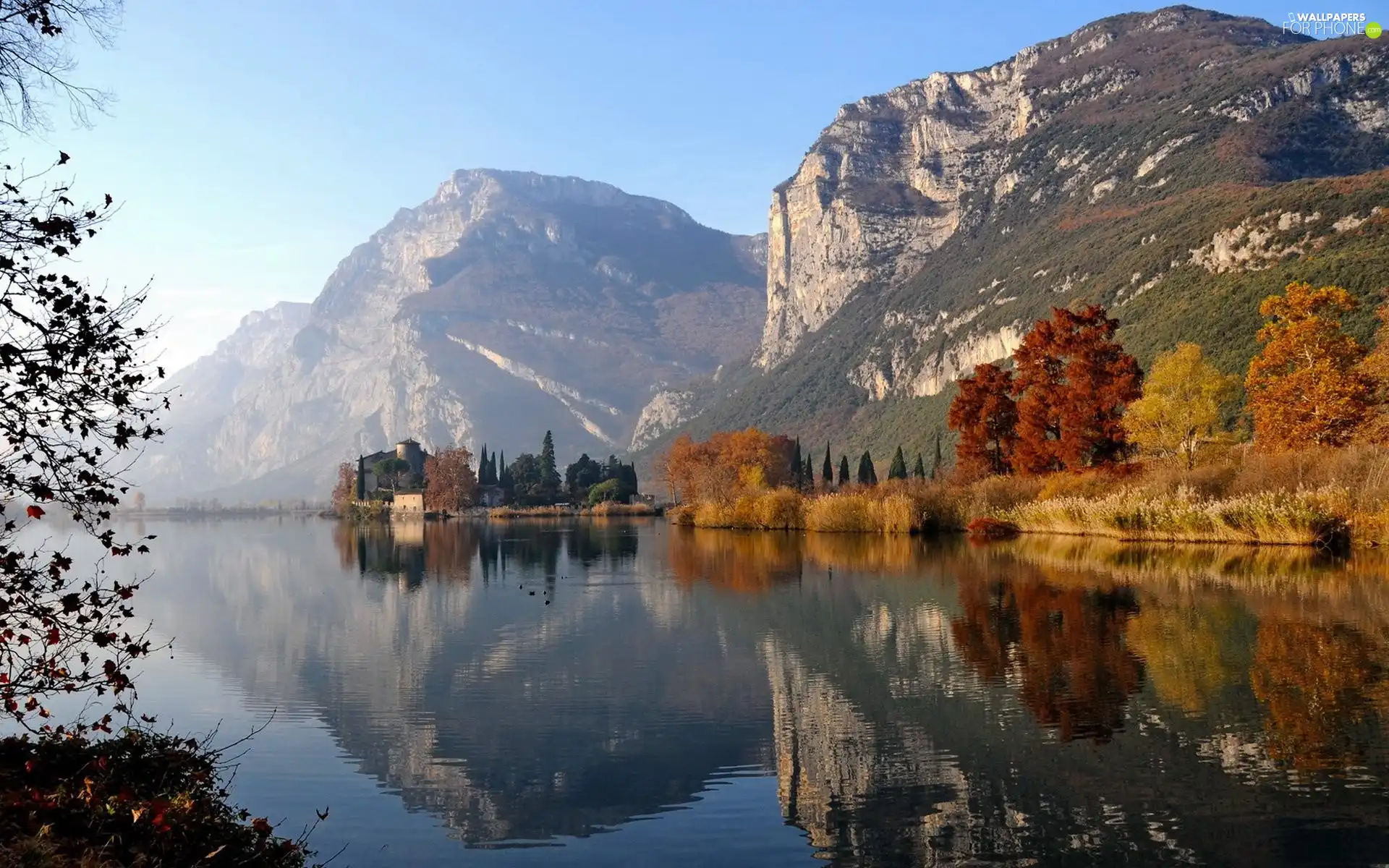 trees, lake, Houses, autumn, viewes, Mountains