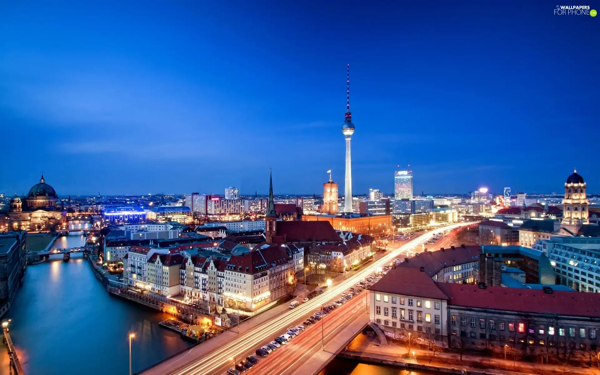 Churches, Bridges, Berlin, tower, River, Houses, Germany
