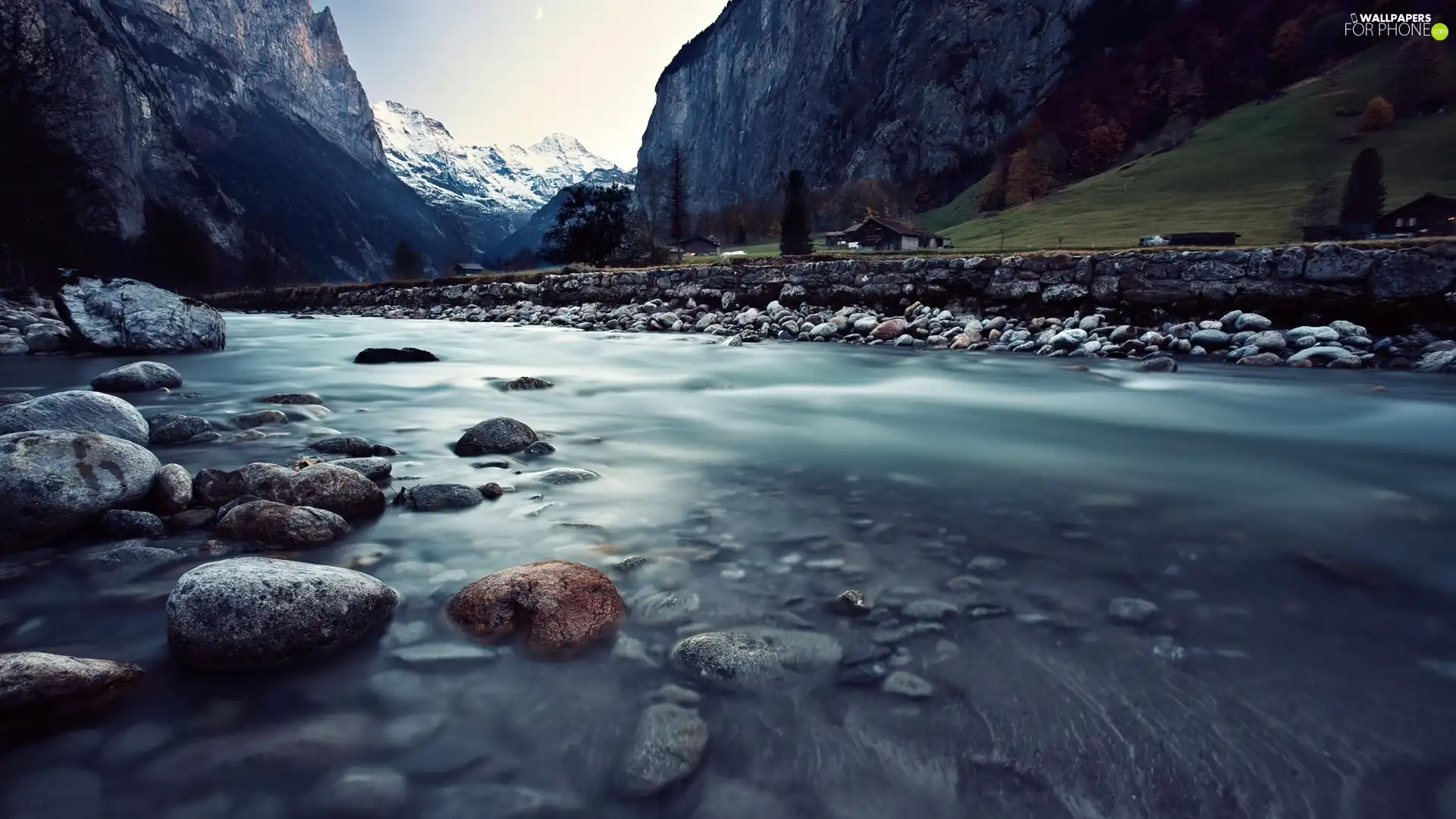 Mountains, River, Houses, Stones