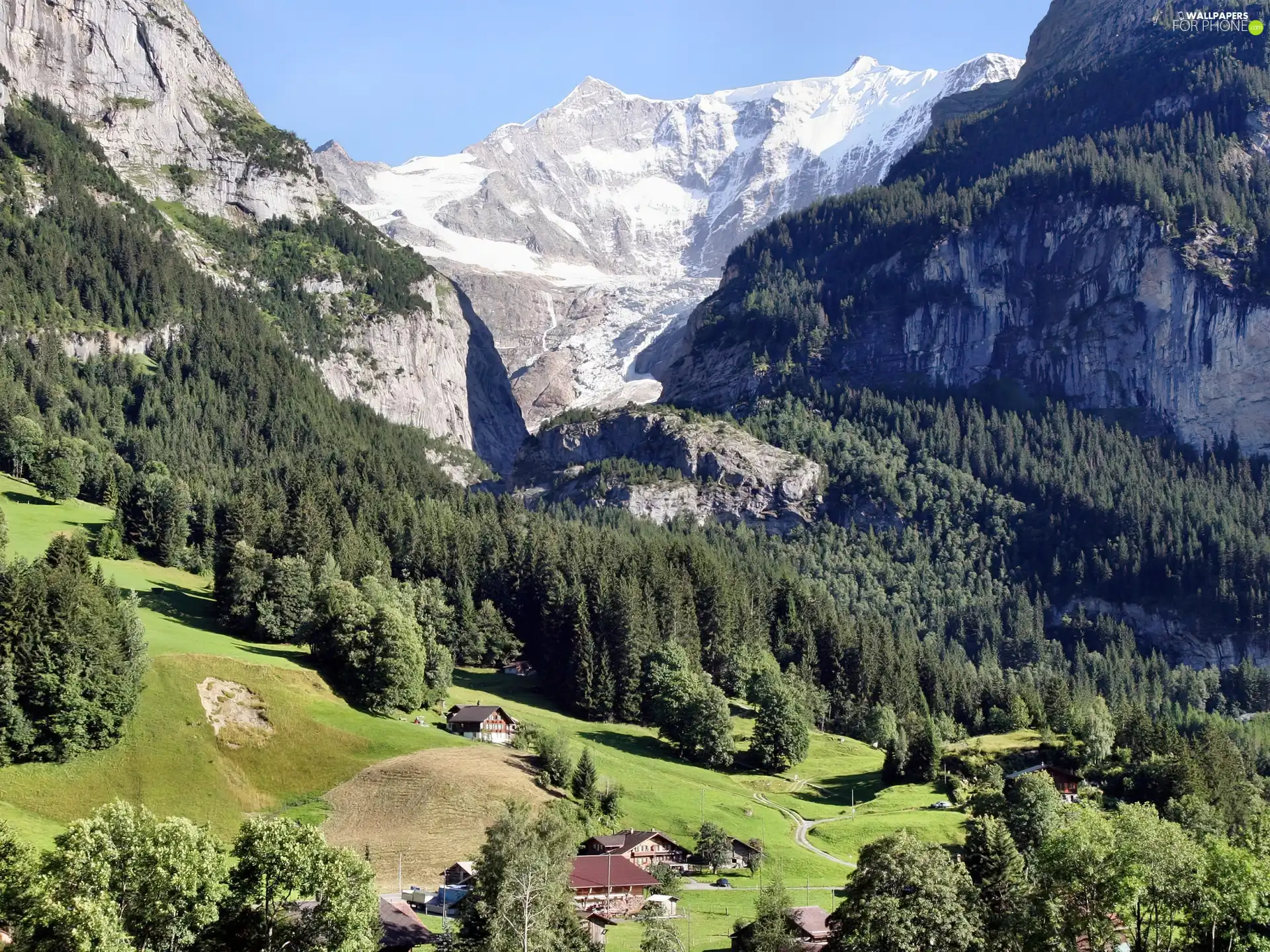 Mountains, Valley, Houses, forest