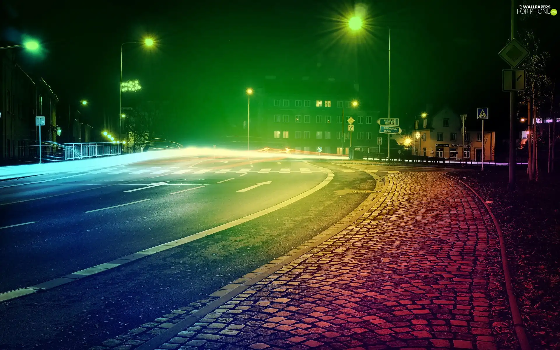 turn, Houses, glamour, lanterns, Night, Pavement, Street, Street