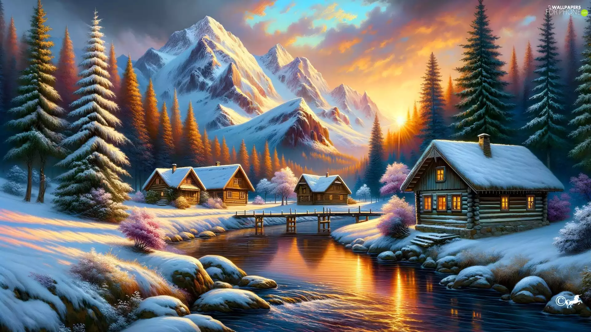 bridge, winter, viewes, trees, Stones, Great Sunsets, Mountains, River, Houses, snow, forest