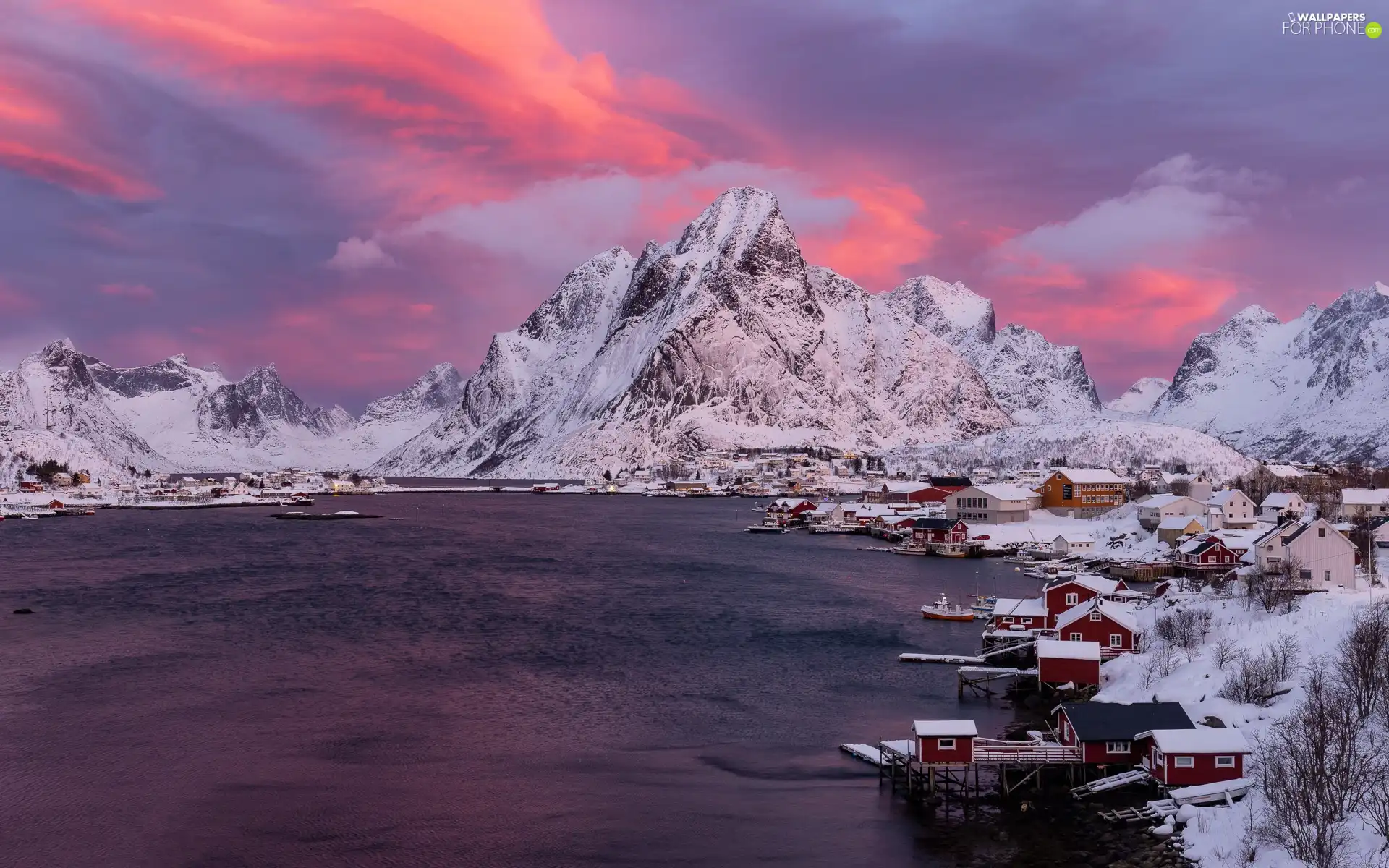Lofoten, sea, winter, Mountains, Snowy, Reine, Norway, Houses