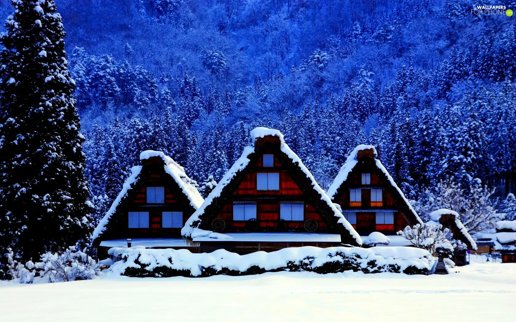 winter, snow, Houses, forest
