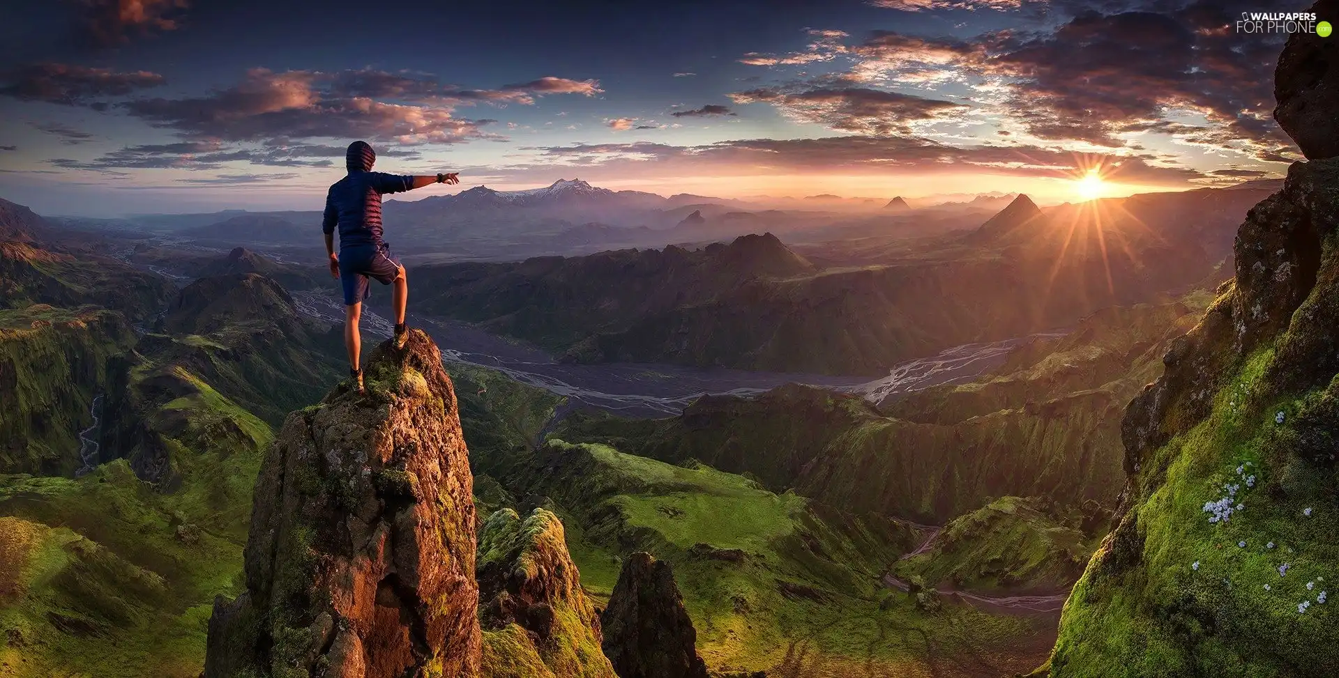 Human, rocks, sun, Mountains, west