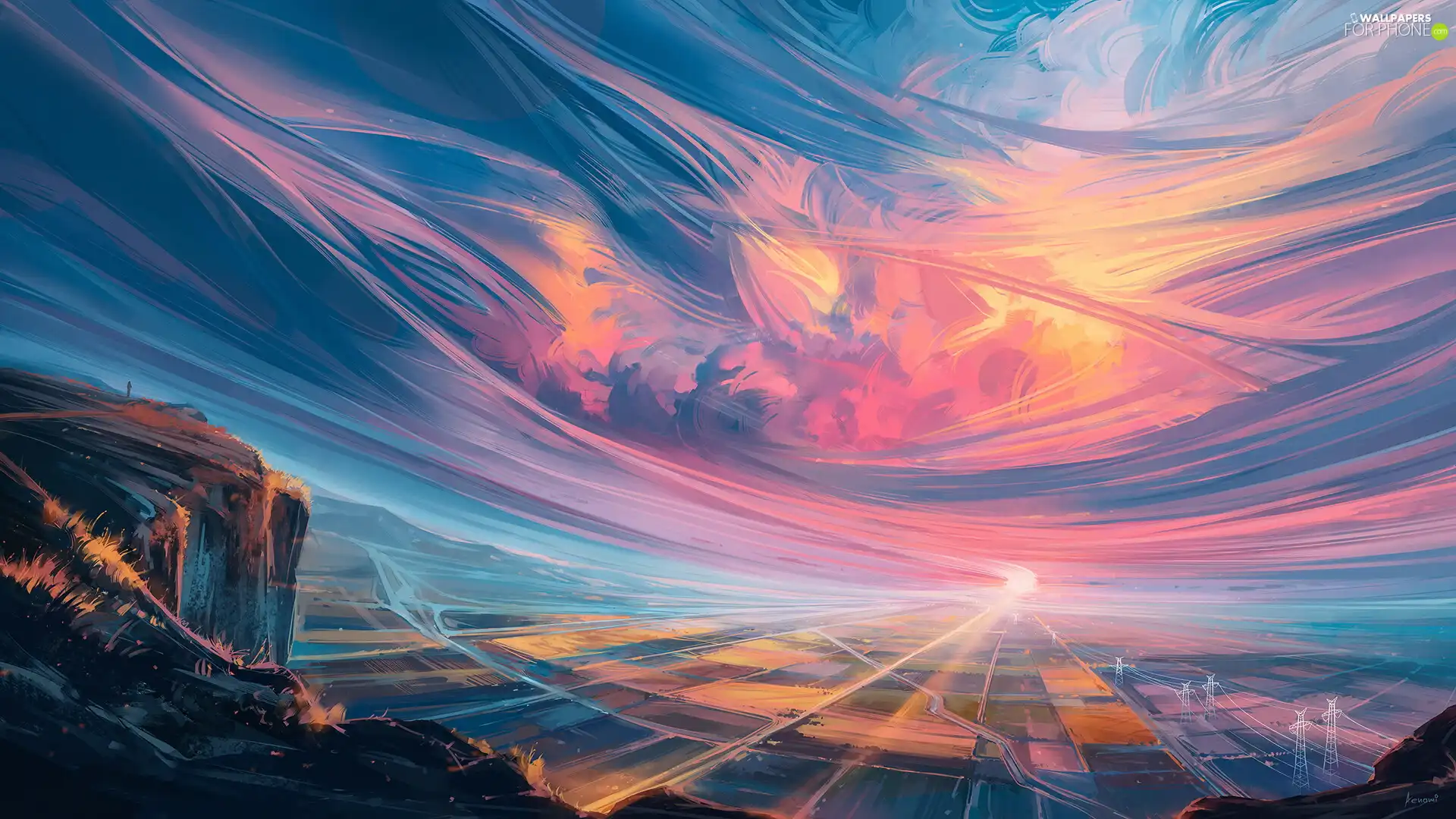 Sky, graphics, Hill, Human, field, Sunrise