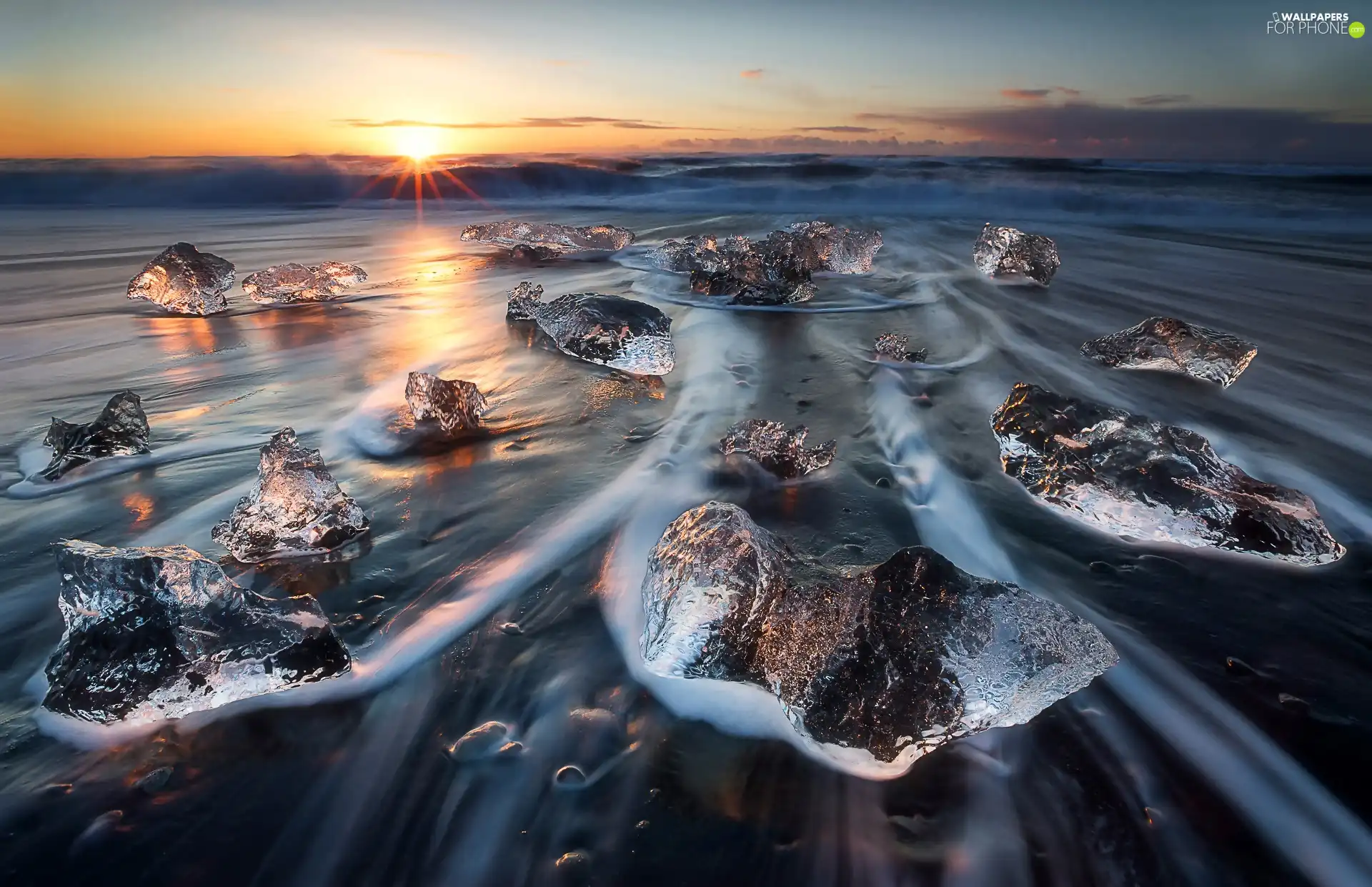 Icecream, iceland, Sunrise, Vatnajökull National Park, Waves, sea