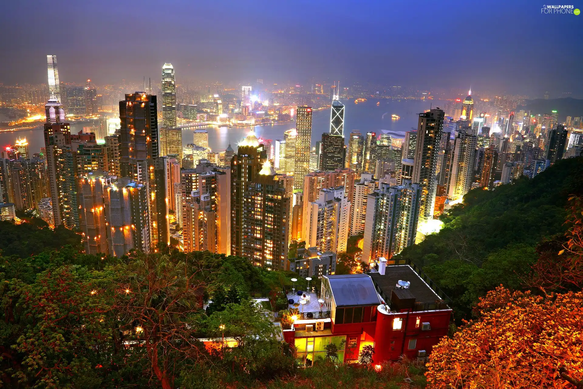 illuminated, Town, skyscrapers, clouds, Hong Kong