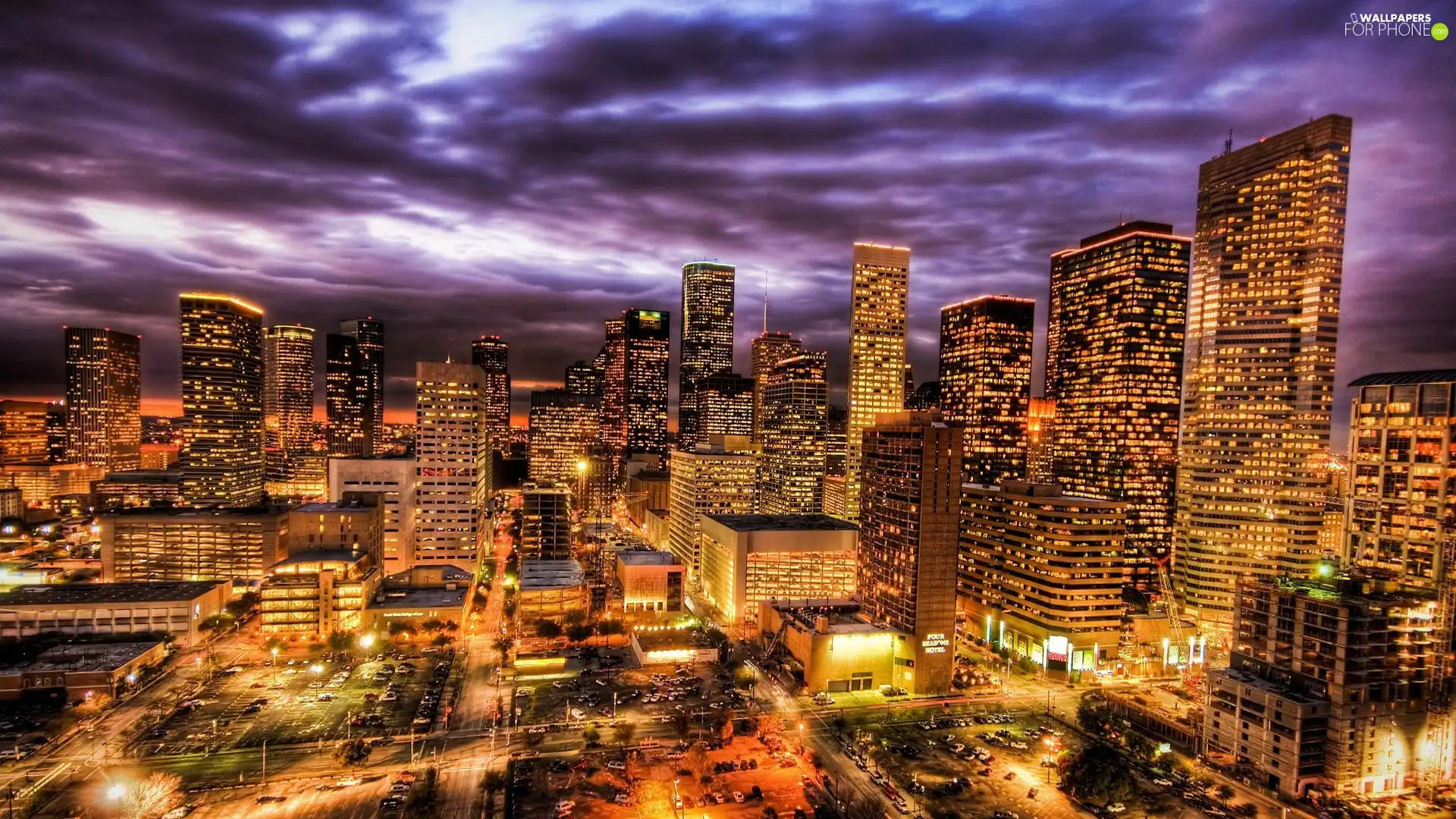 illuminated, Town, clouds, Night, skyscrapers