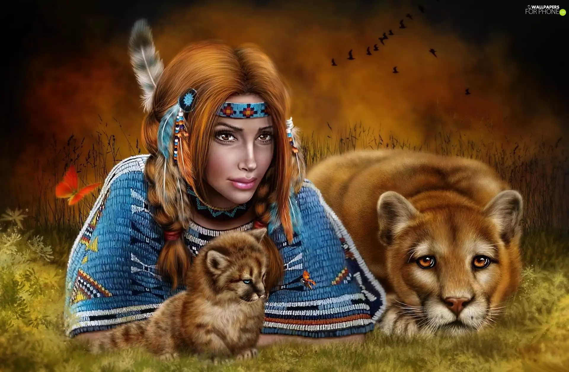 little doggies, fantasy, Indian, cougar, girl