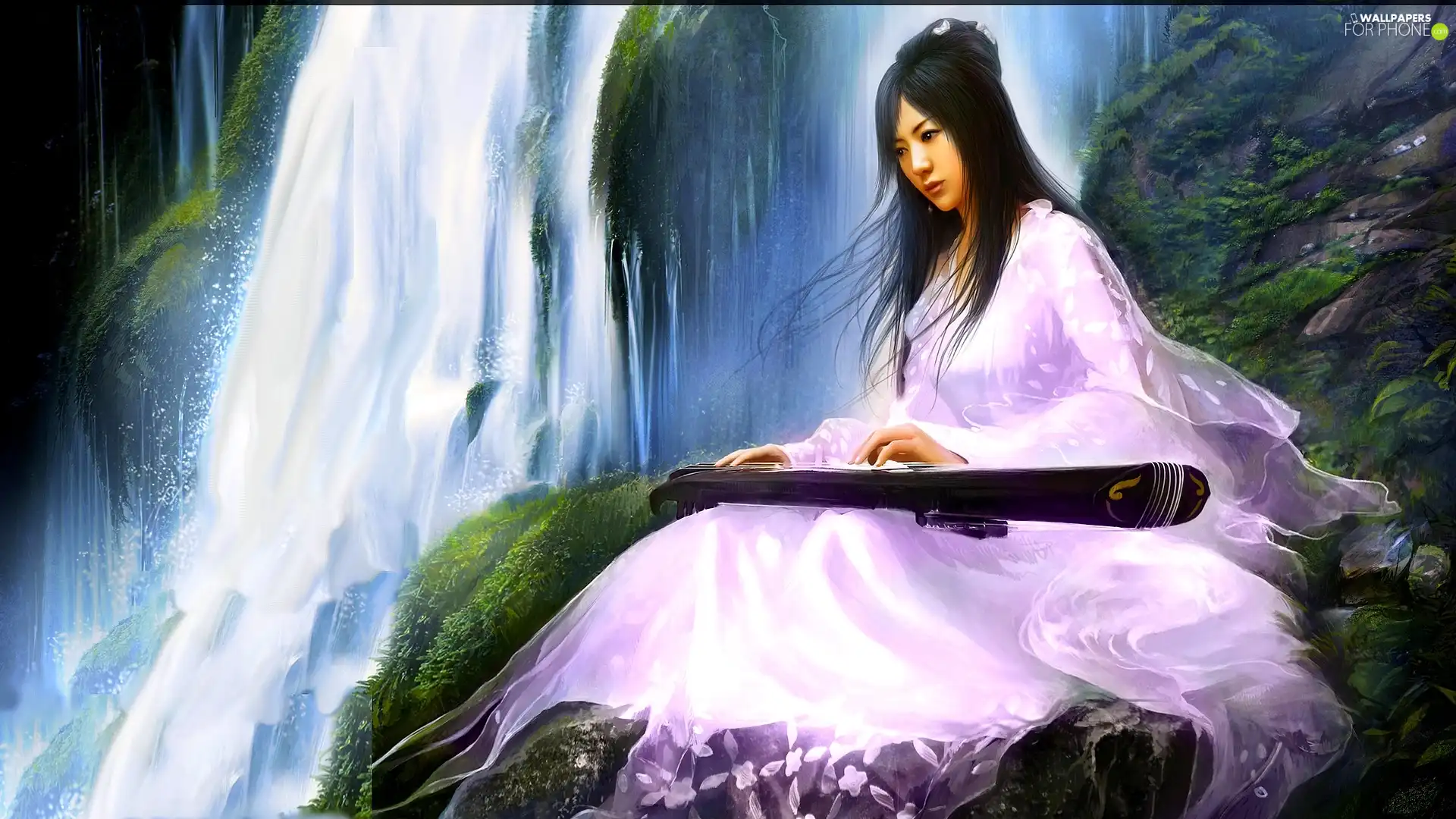 instrument, girl, waterfall