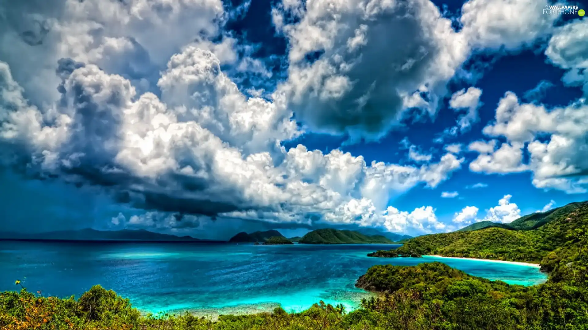 Island, lake, clouds