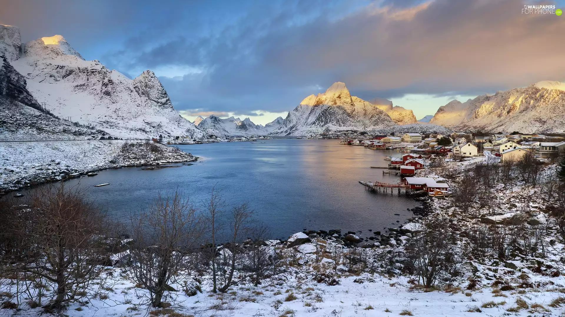 Lofoten, Norway, Moskenesoya Island, Reine Village, Mountains, clouds, rocks, Houses, Norwegian Sea Winter