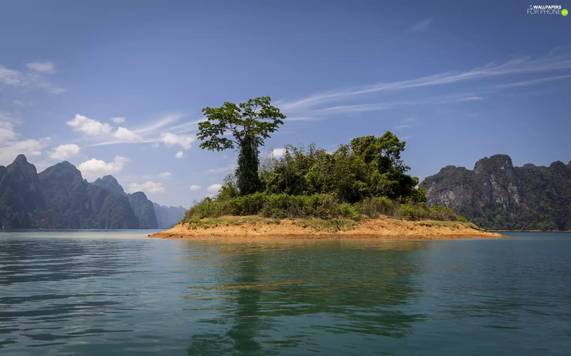 viewes, Island, lake, trees, Mountains