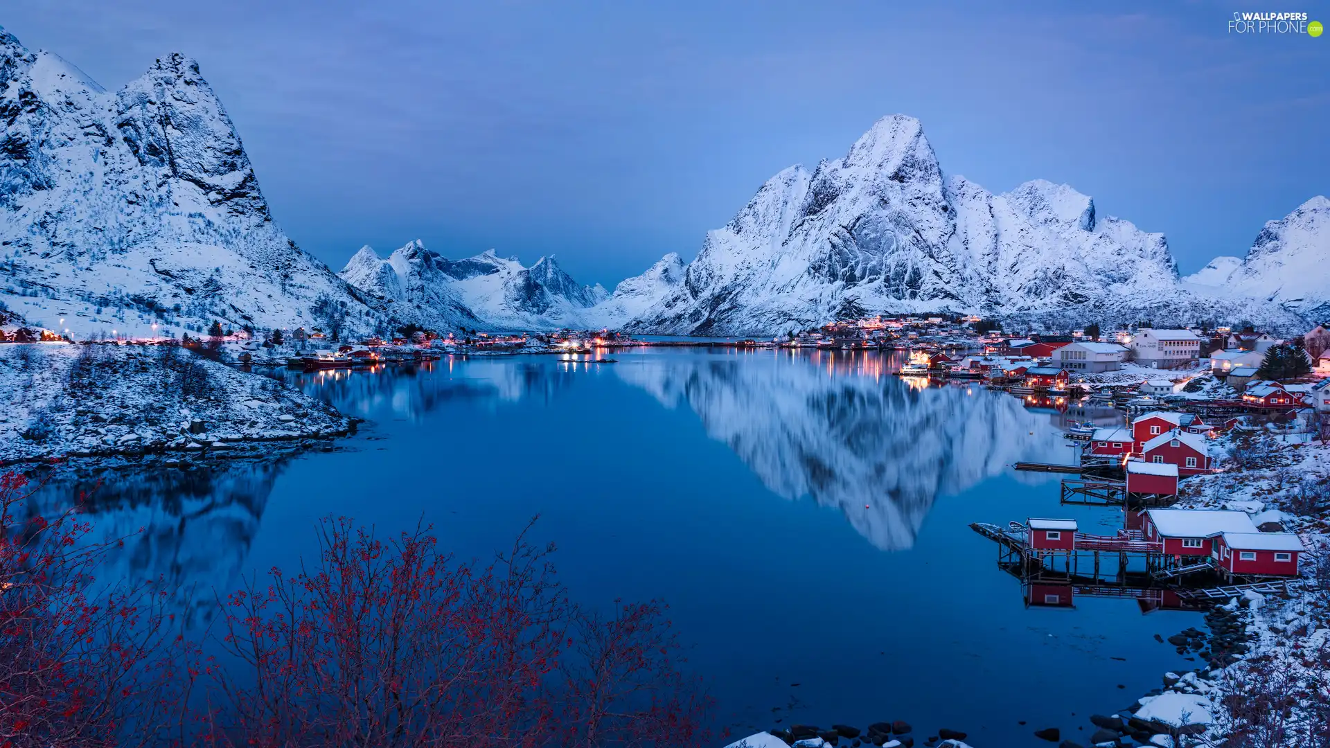 snow, winter, Norwegian Sea, Mountains, Moskenesoya Island, Norway, Reine, Lofoten, Houses