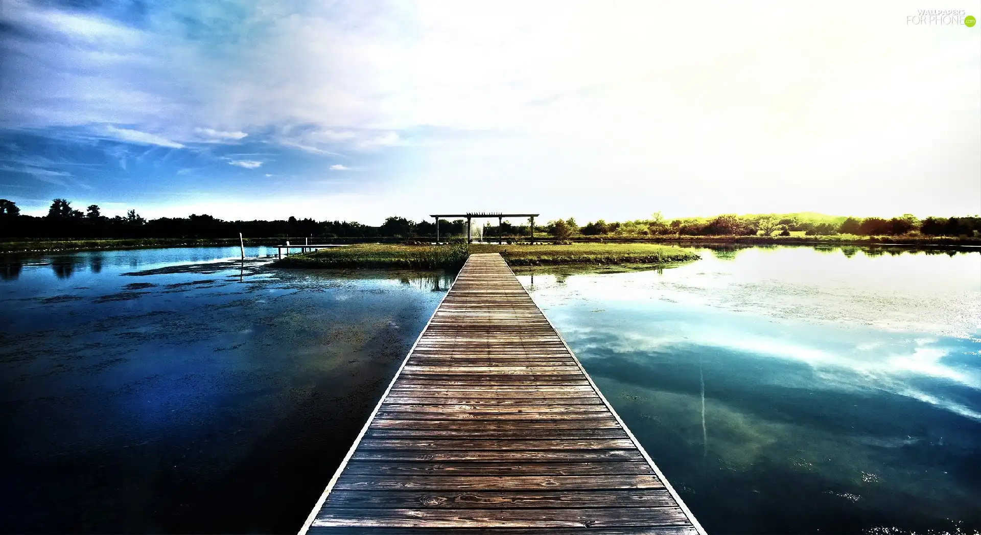 Islet, lake, footbridge