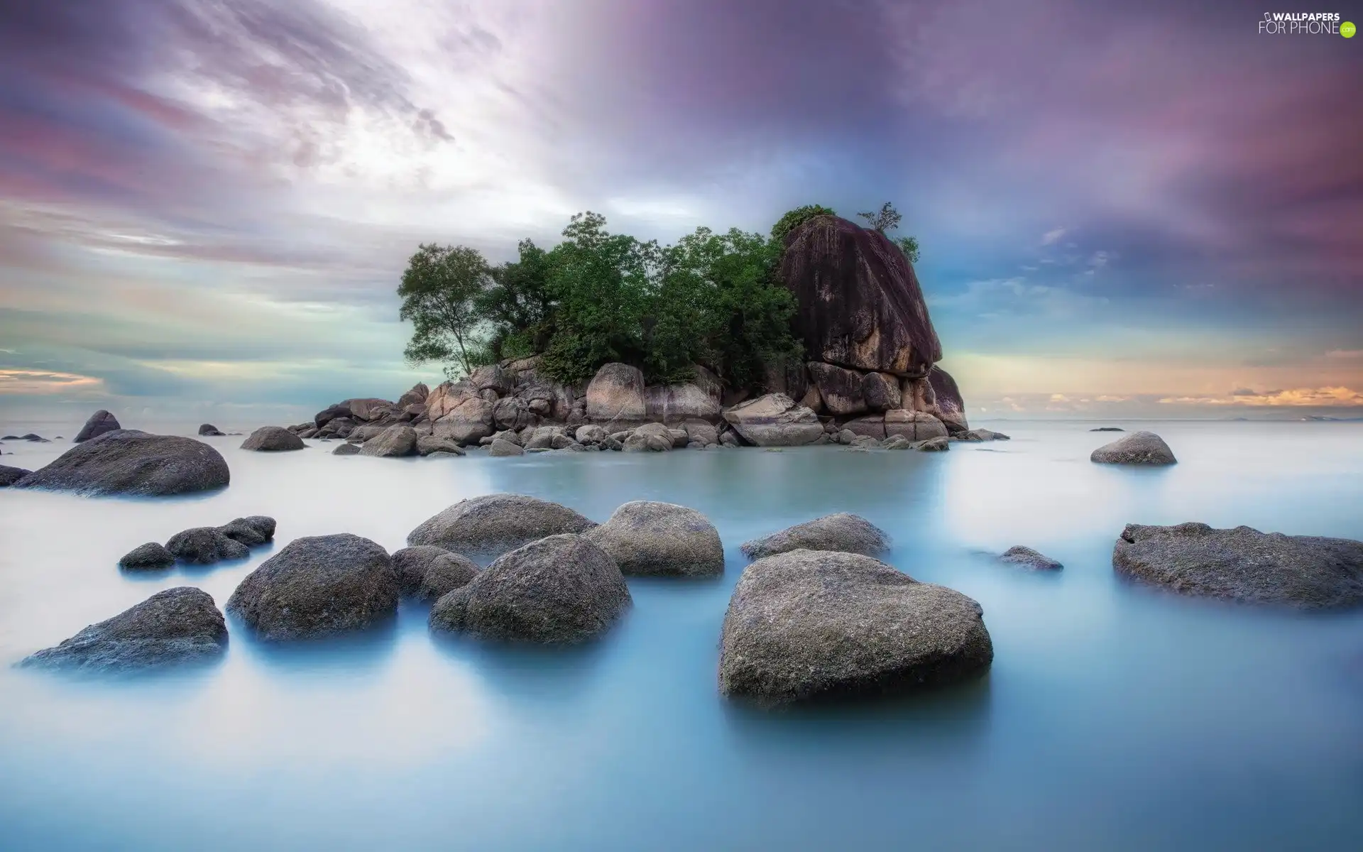 Islet, lake, Stones