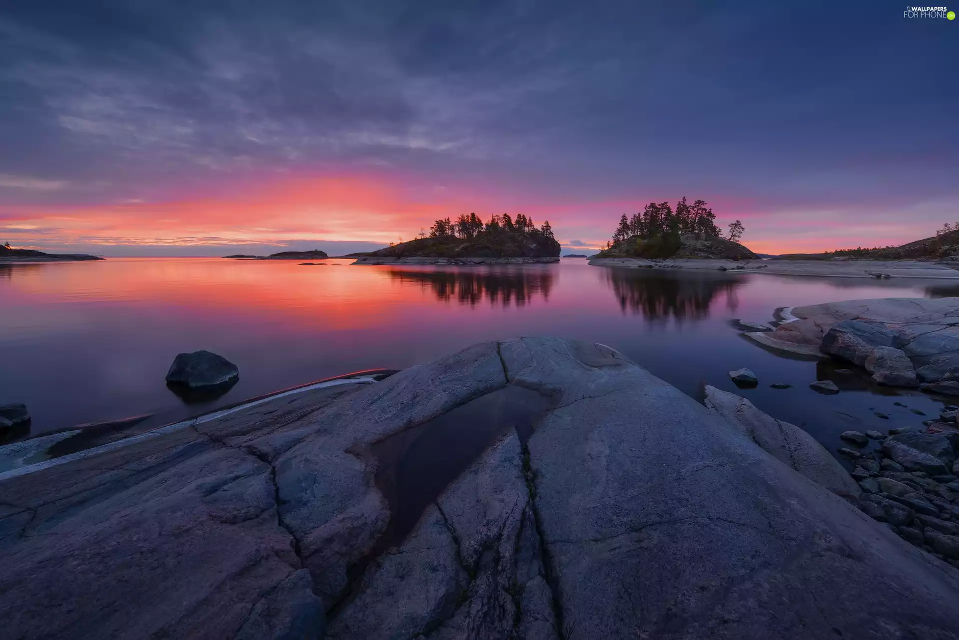 Islets, rocks, Karelia, clouds, Lake Ladoga, Great Sunsets, Russia