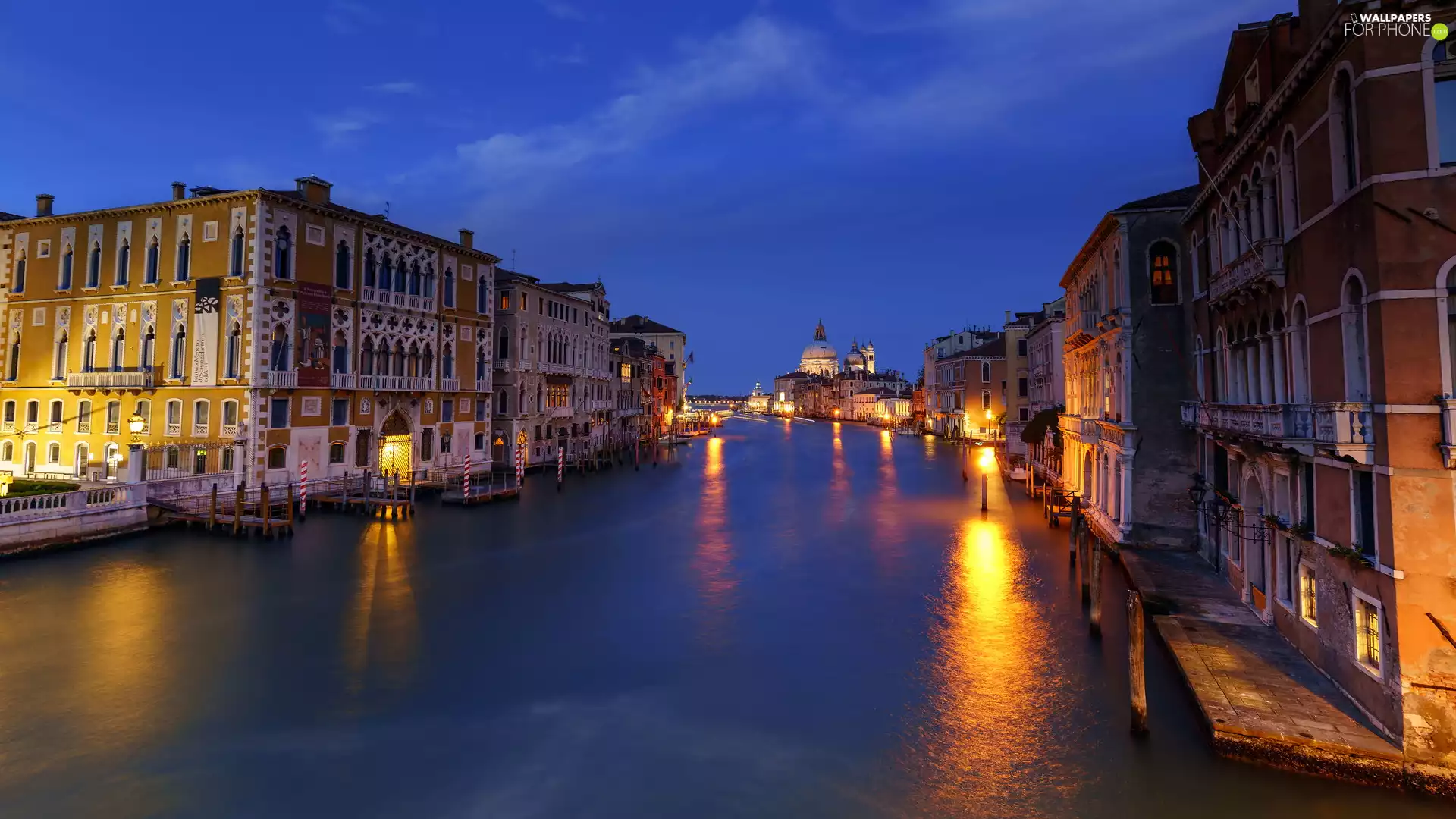 illuminated, Canal Grande, Venice, Night, canal, Houses, Italy