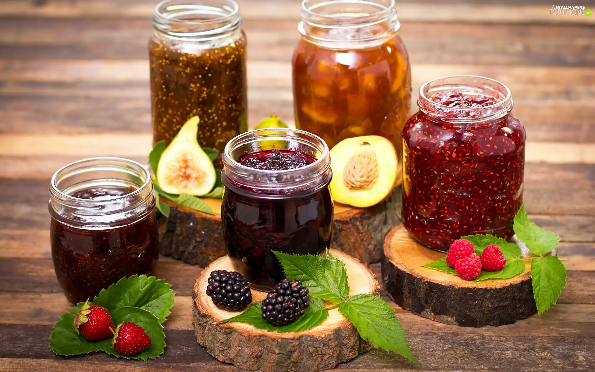 Jars, Preparations, Jam, Fruits, peach, leaves, blackberries, strawberries, raspberries