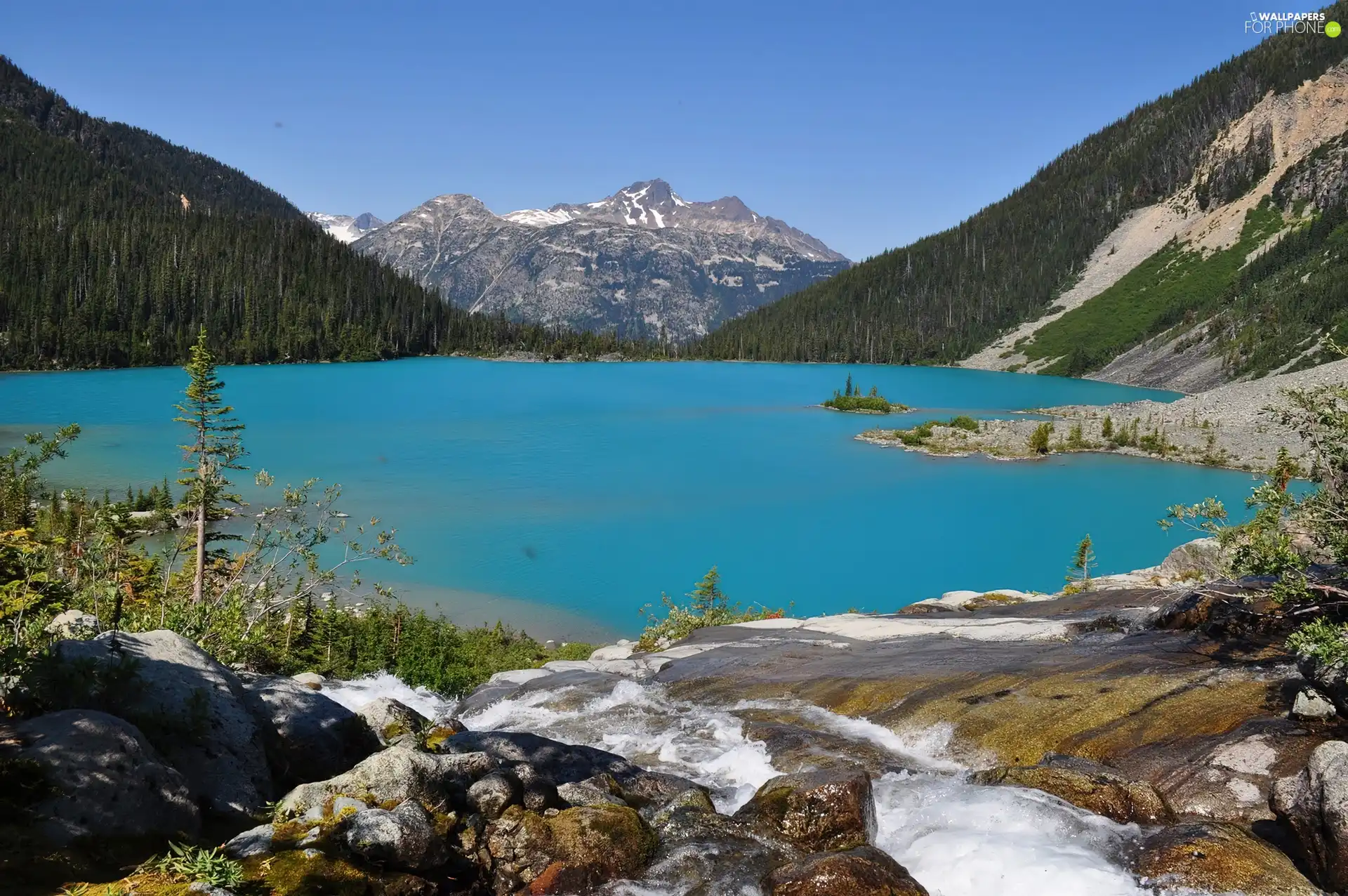 Mountains, lake, Joffre, Canada, woods, rocks