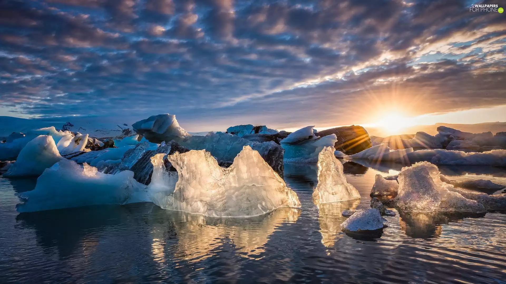 iceland, Icecream, rays of the Sun, Lake Jökulsárlón