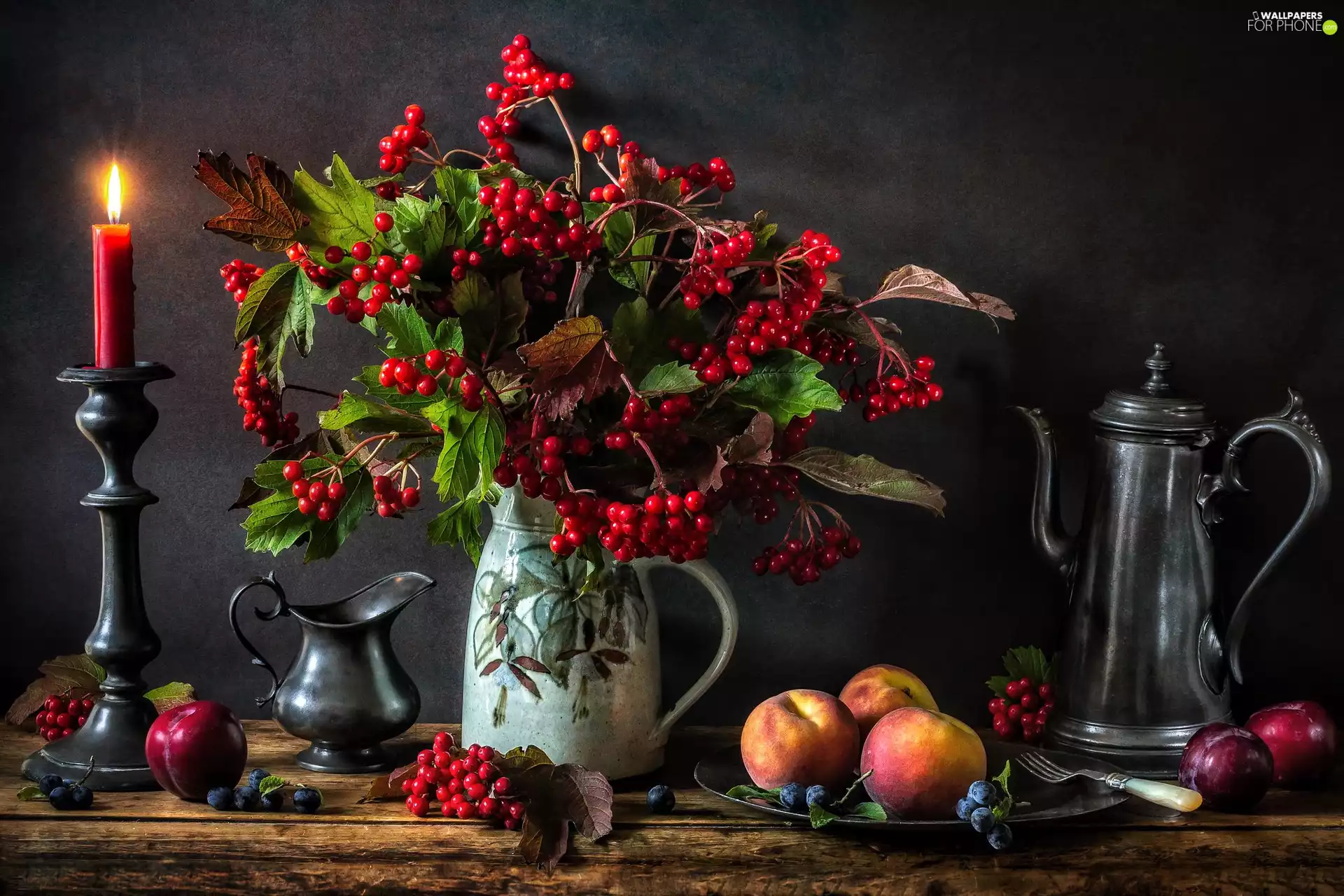jug, Viburnum Opulus, peaches, Red, Leaf, Candle, composition, Fruits