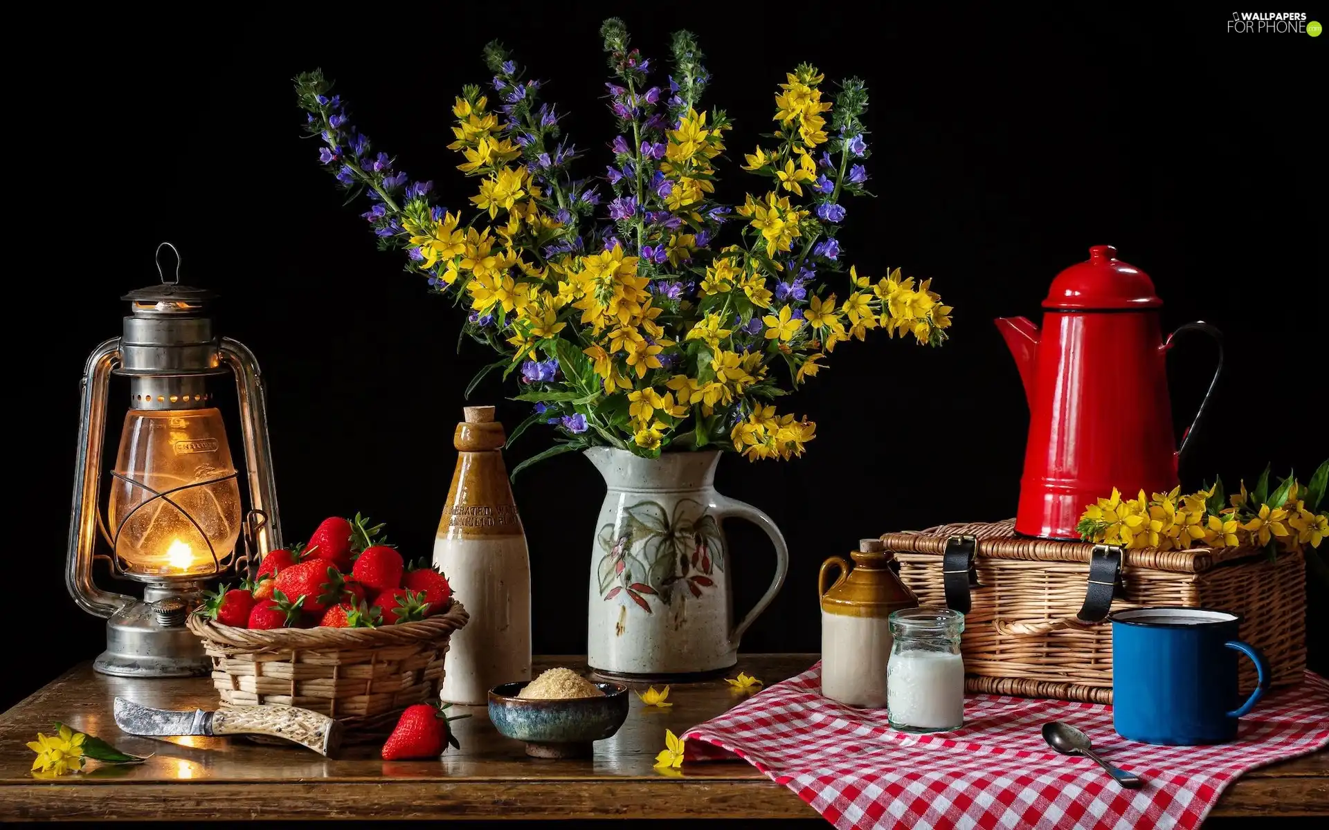 jug, Bouquet of Flowers, Cup, Lamp, composition, strawberries, napkin