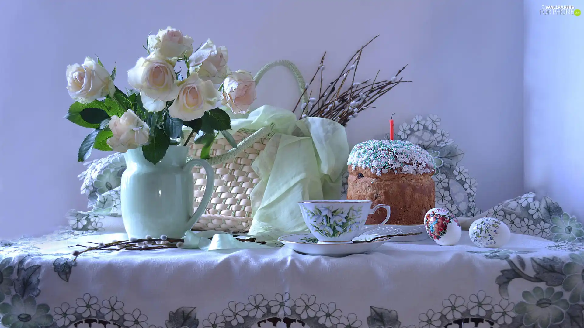 database, eggs, cup, roses, cake, basket, Easter, jug