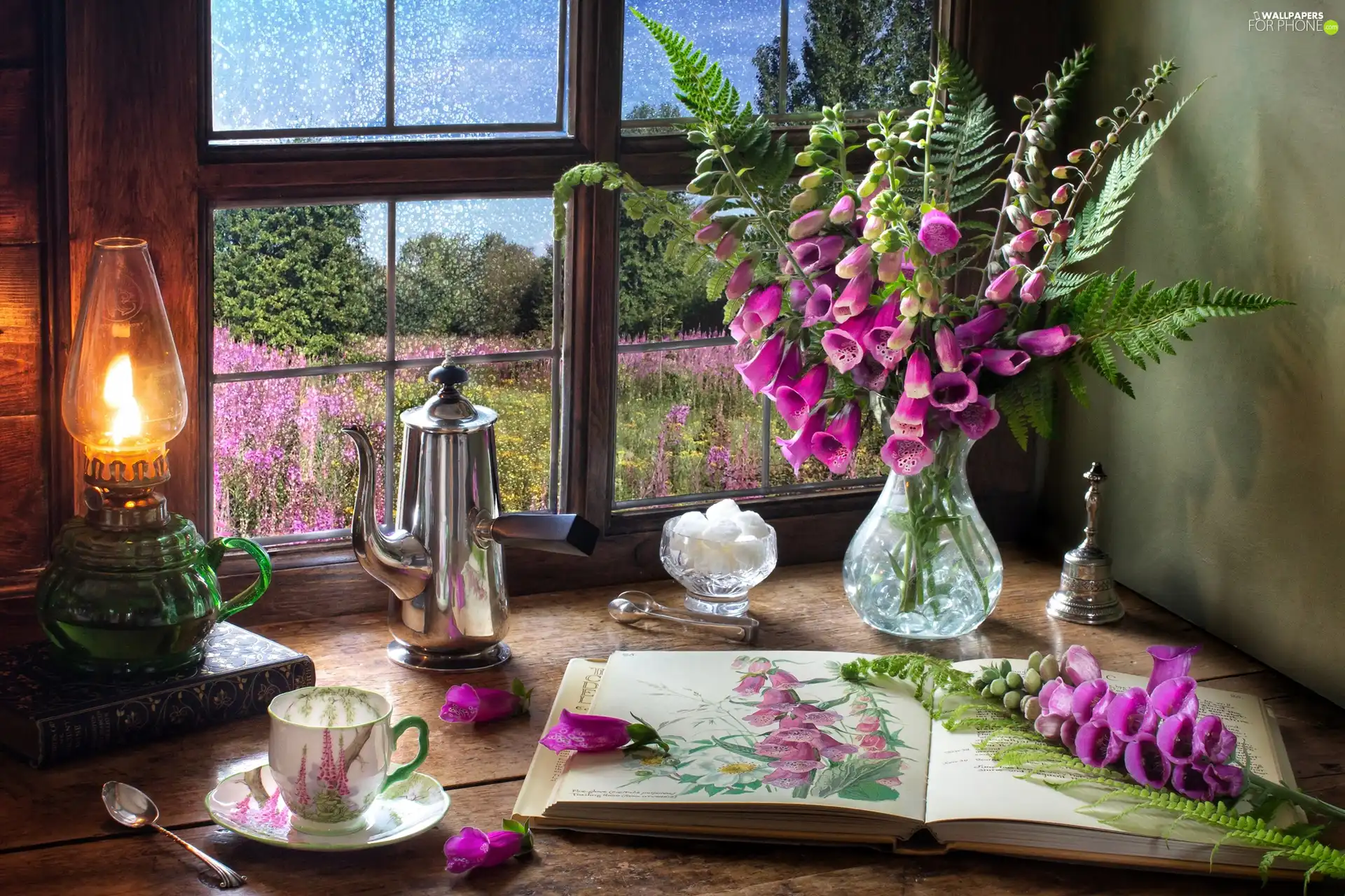 Vase, foxglove, Book, jug, Lamp, Flowers