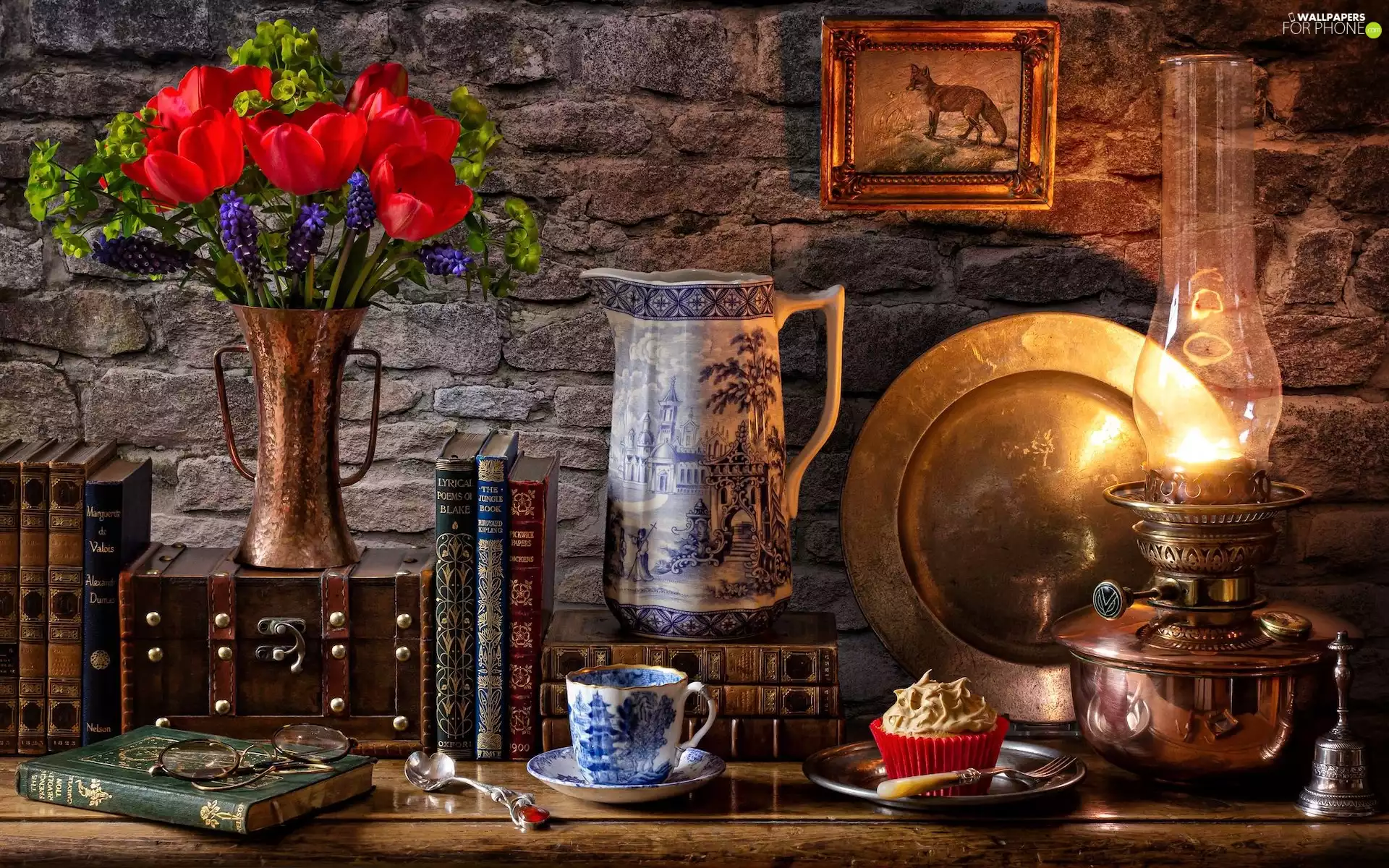 Books, Tulips, Glasses, jug, composition, Lamp, cup