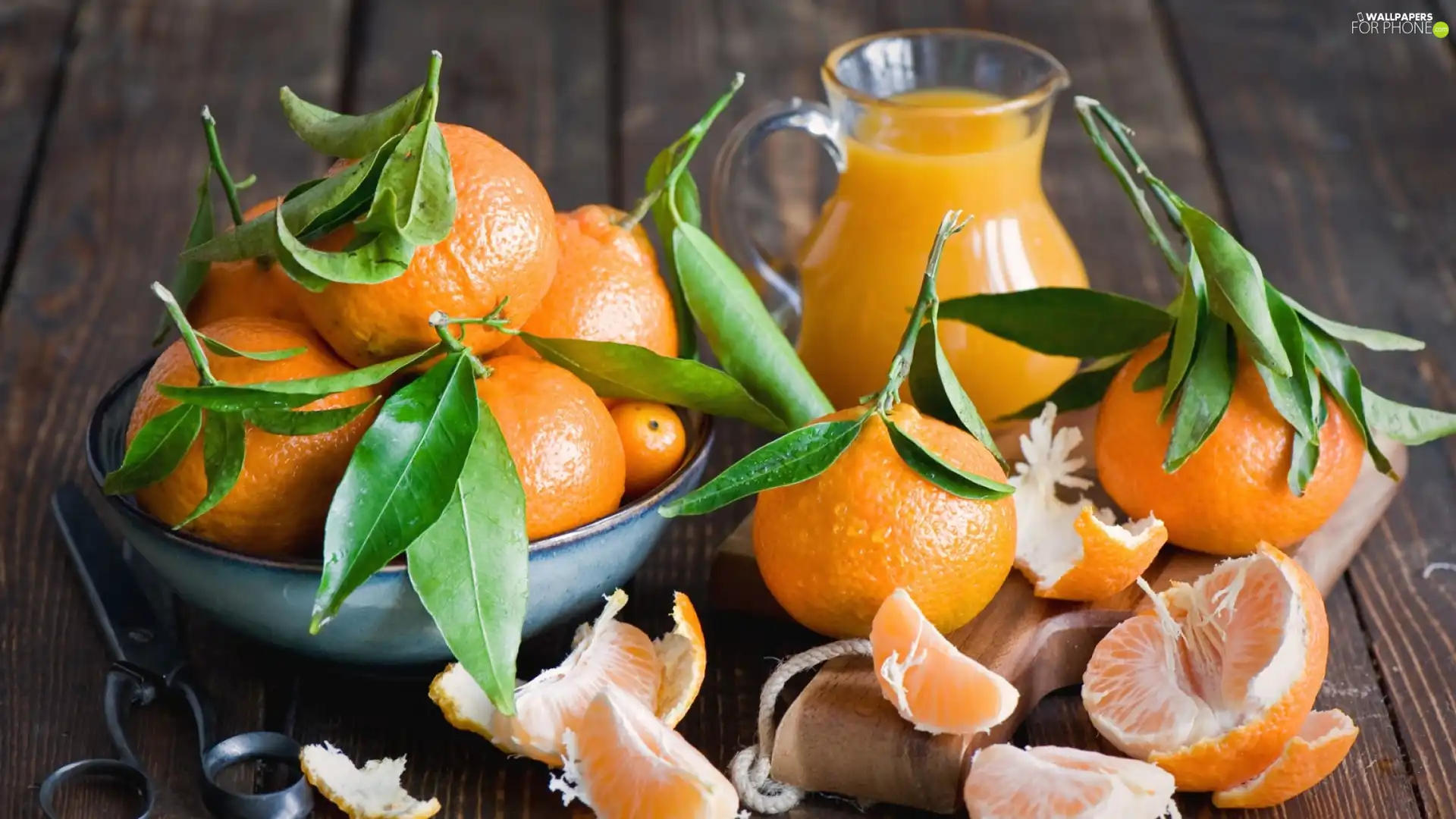 mandarin, leaves, jug, juice