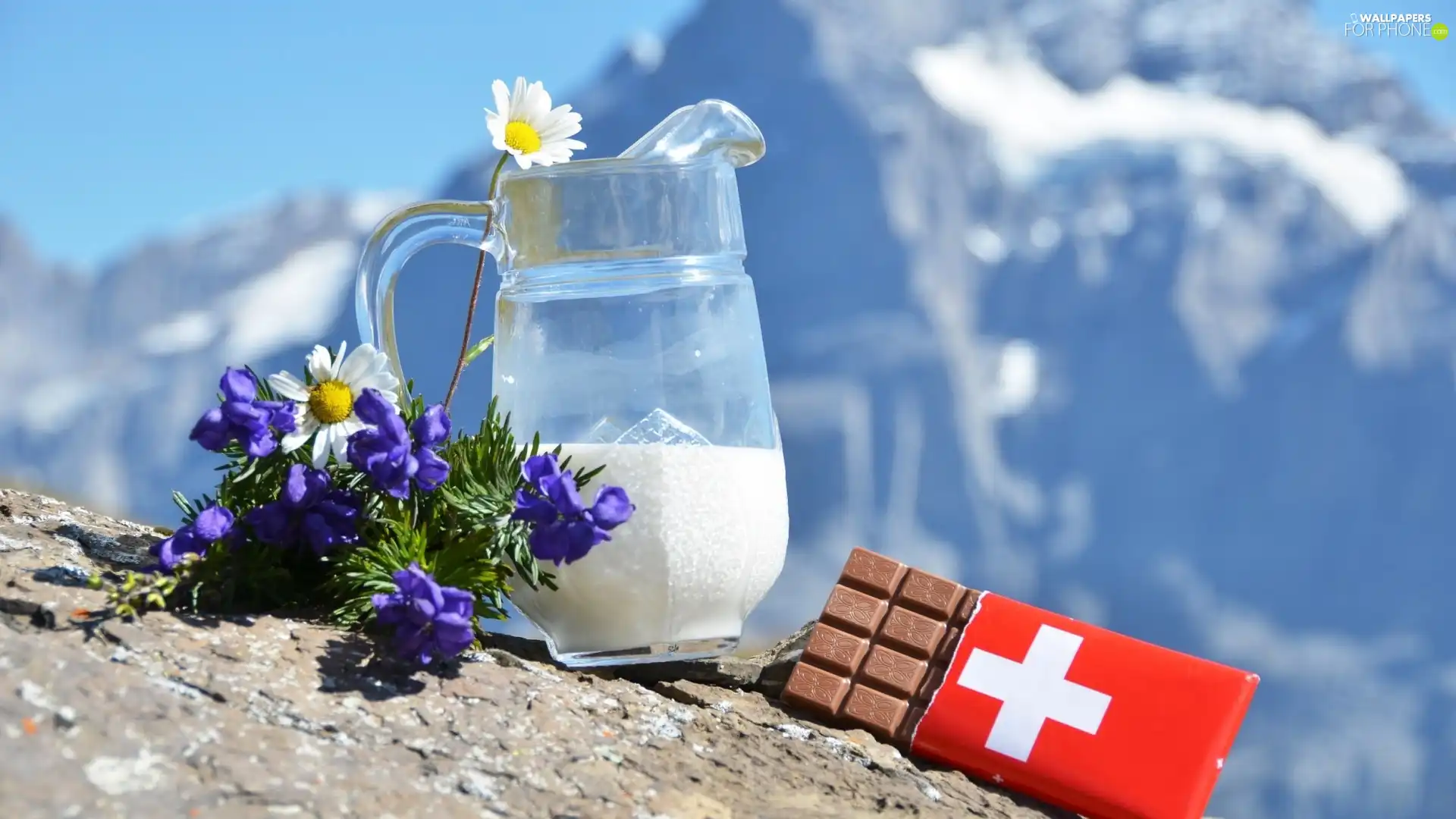 Mountains, chocolate, jug, Flowers