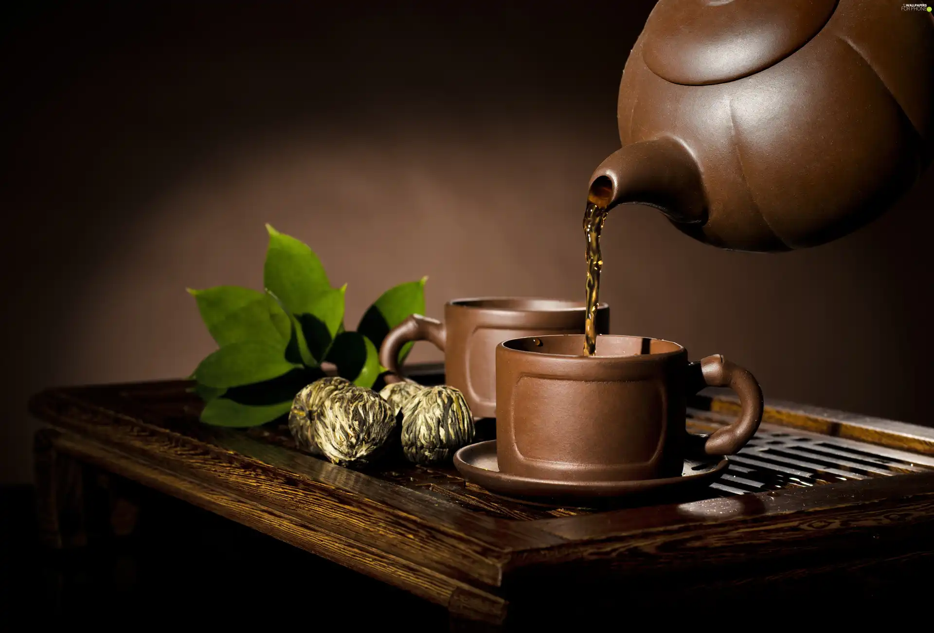 jug, tea, Brown, cups, Two