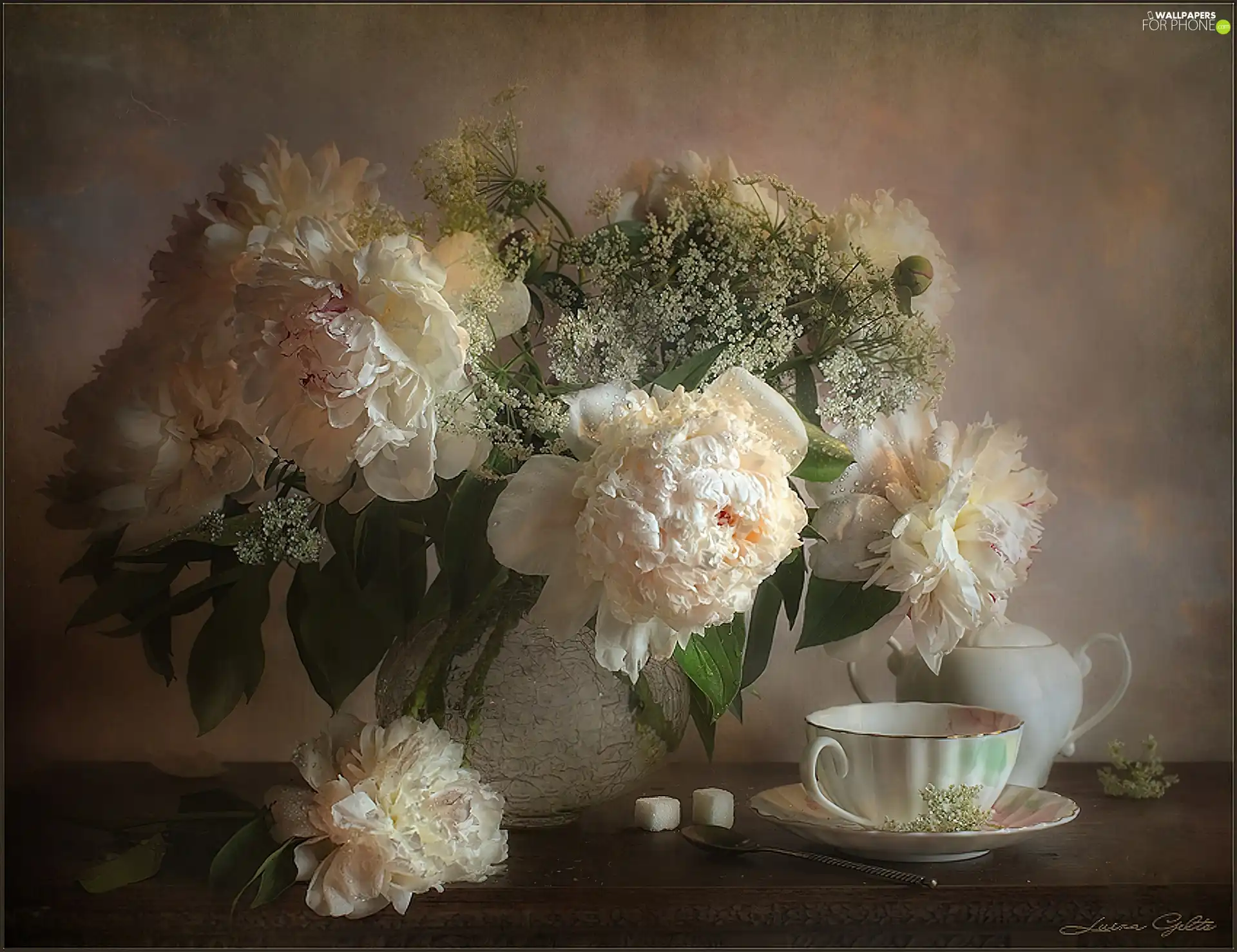 kettle, Peonies, cup