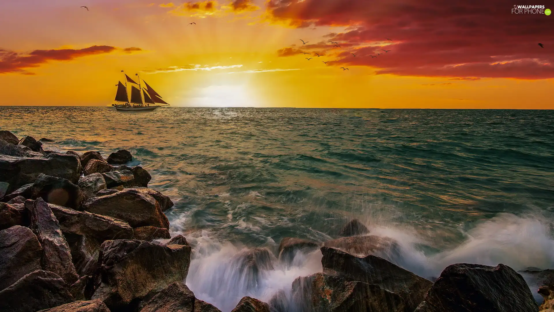 Yacht, Stones, Floryda, sea, Great Sunsets, Key West, The United States