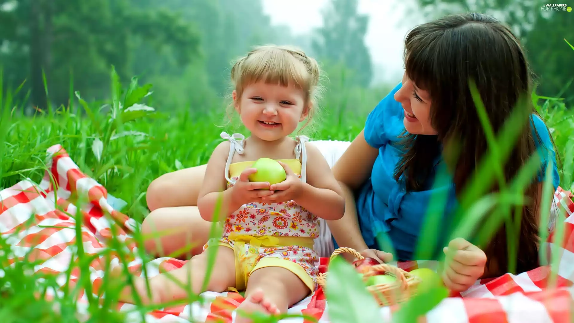 Women, Meadow, picnic, Kid