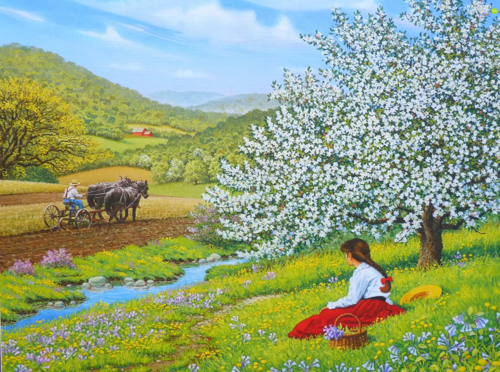 flourishing, girl, Field, Flowers, Meadow, trees, whale killer