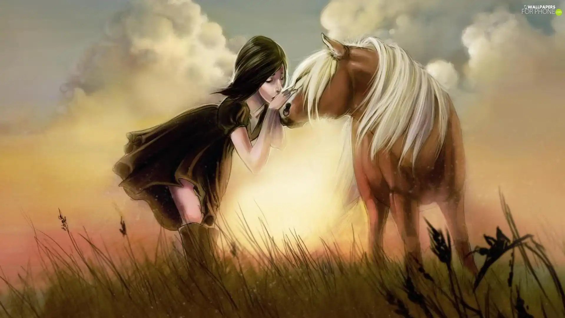 kiss, girl, Horse