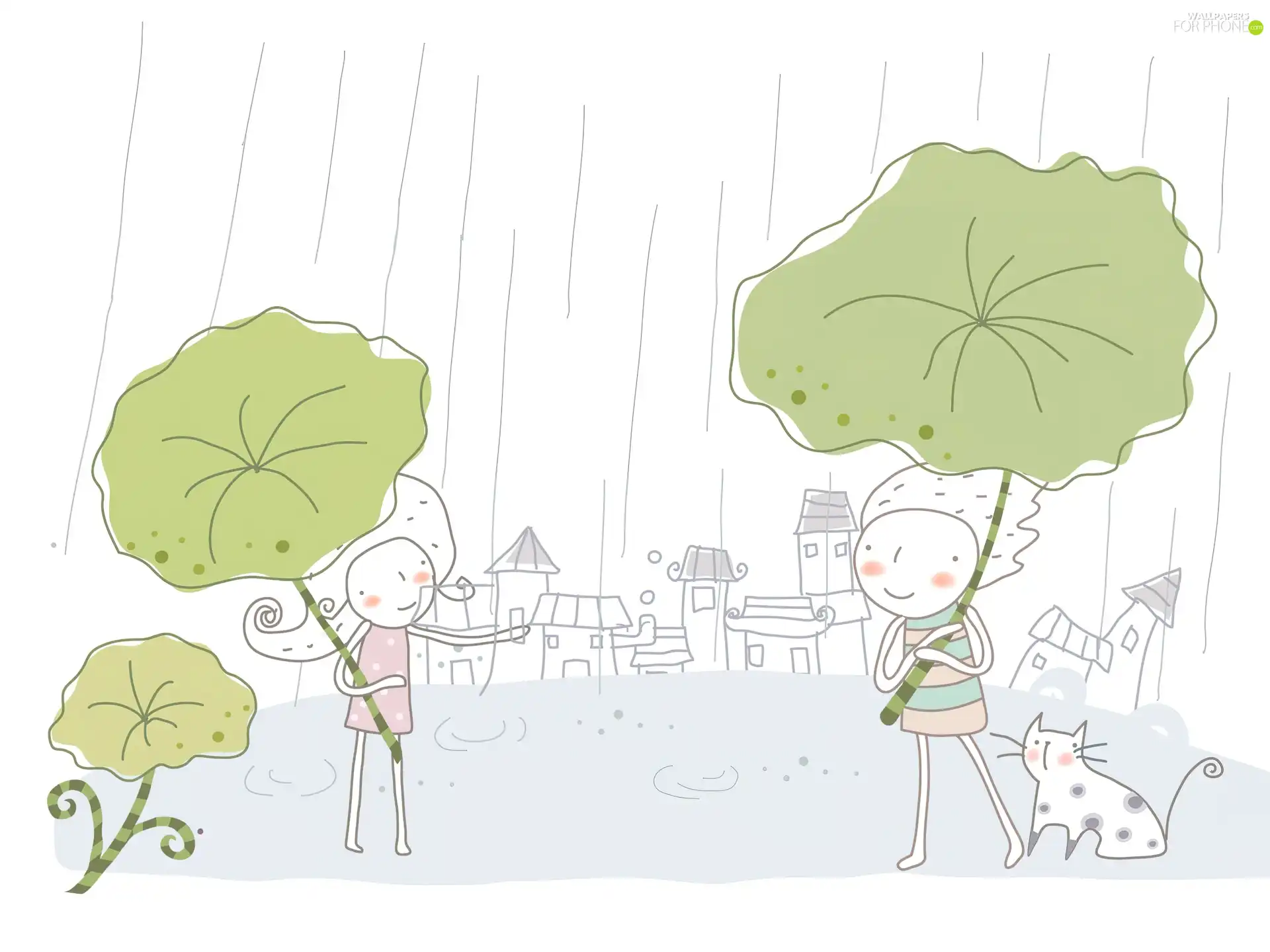 Kids, Leaf, kitten, Rain