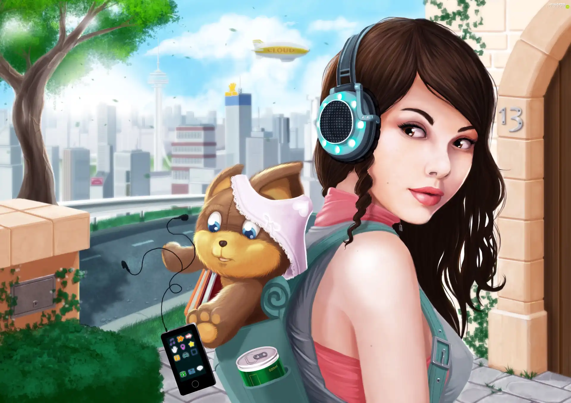 knapsack, girl, HEADPHONES