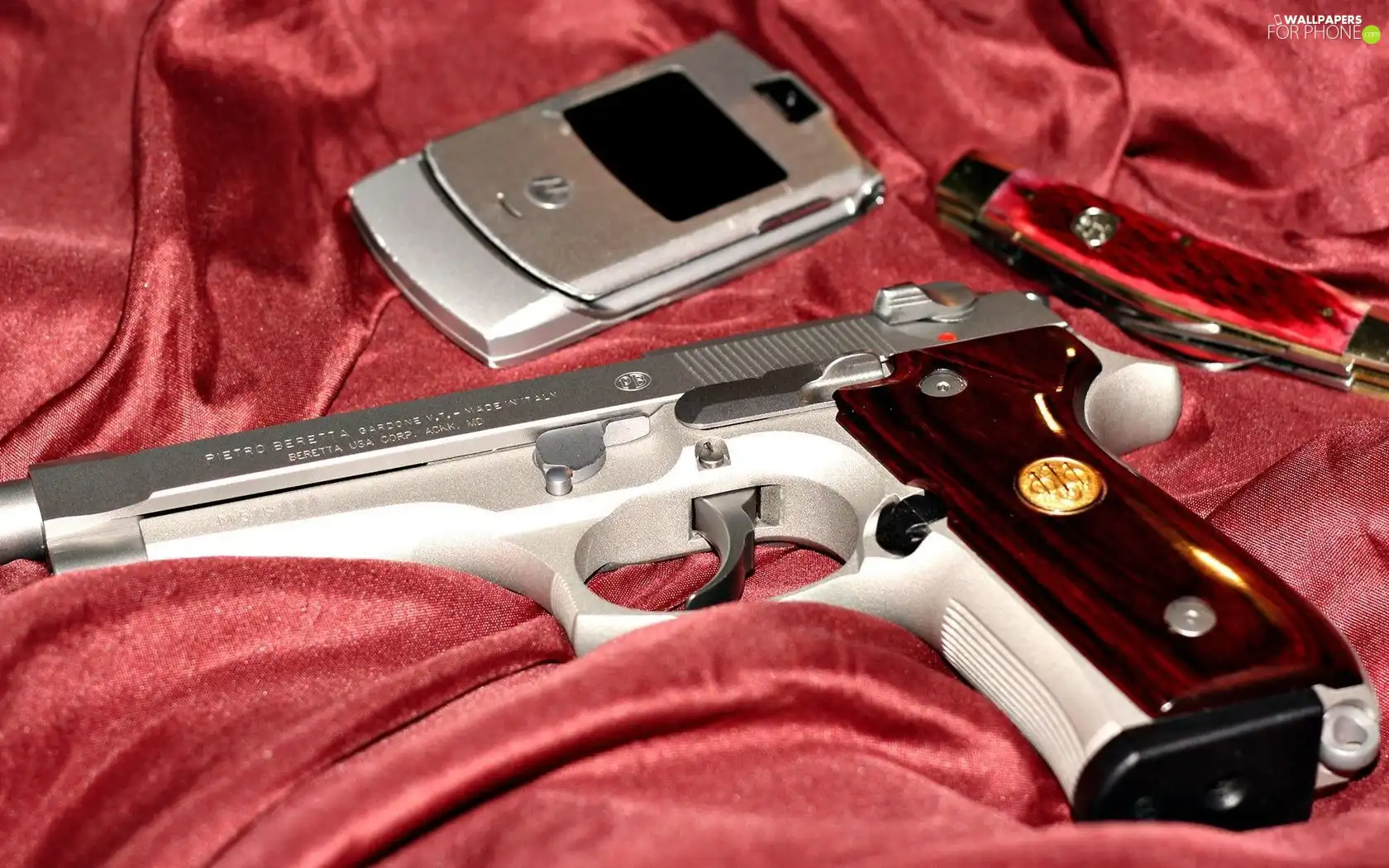 Gun, cell, knife, Beretta