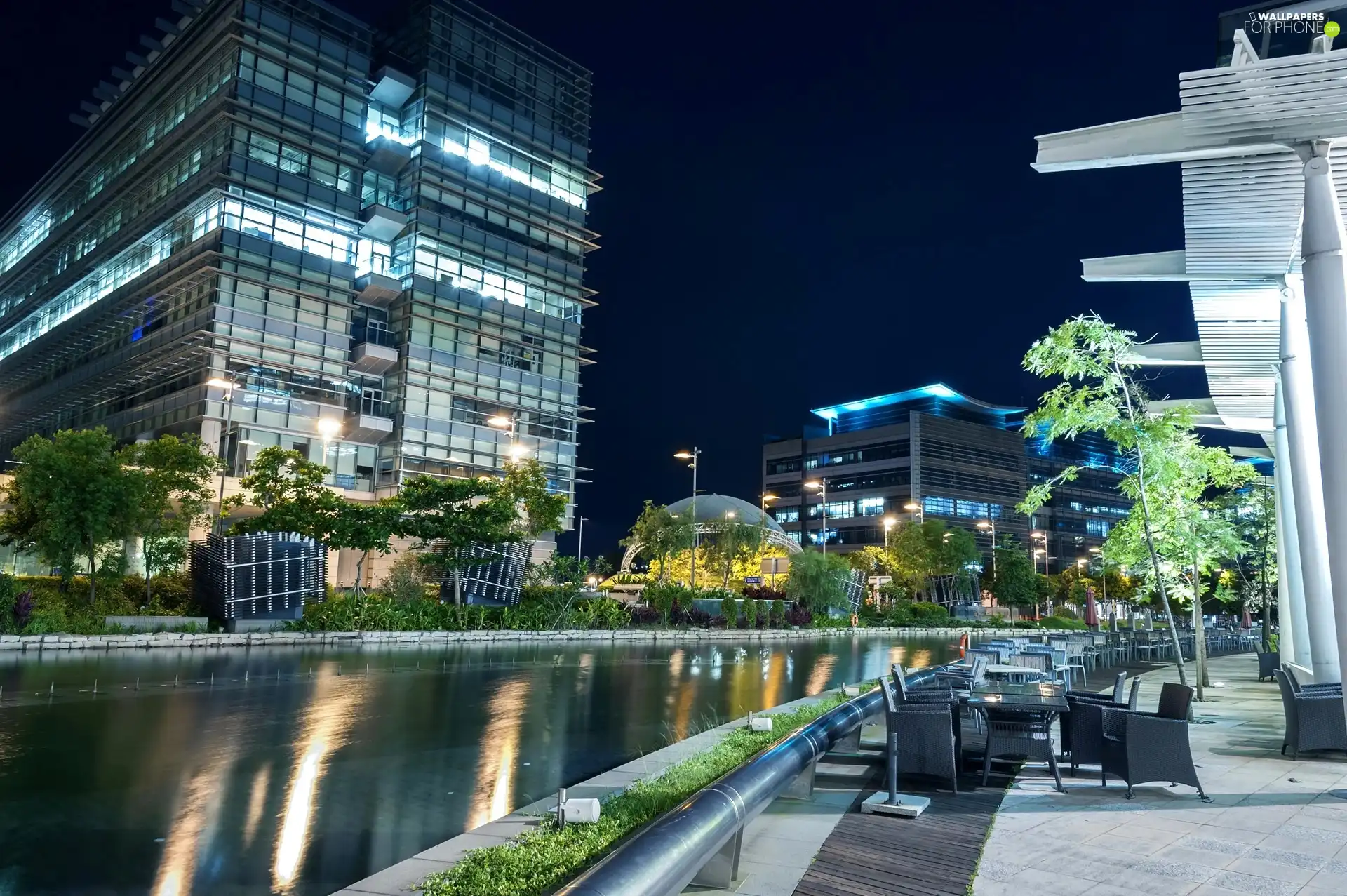 River, skyscrapers, Hong Kong, China, boulevard, Night